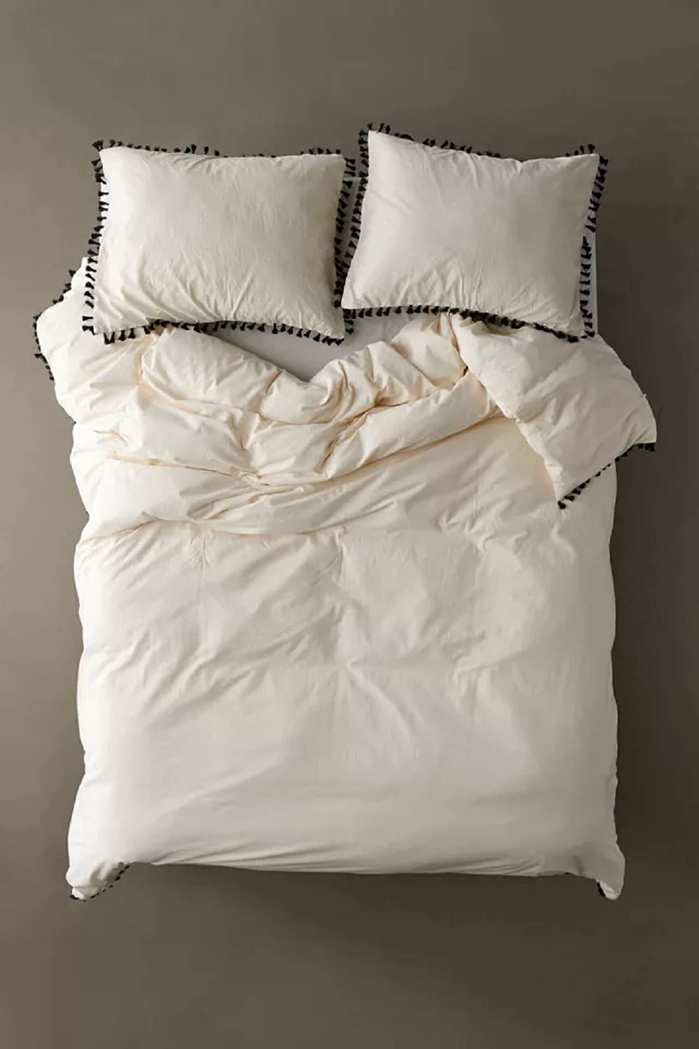 Bohemian Cream Washed Cotton Duvet Cover with Fringe Tassels - Queen Size Boho Bedding for Cozy Bedroom Decor & Guest Room Styling