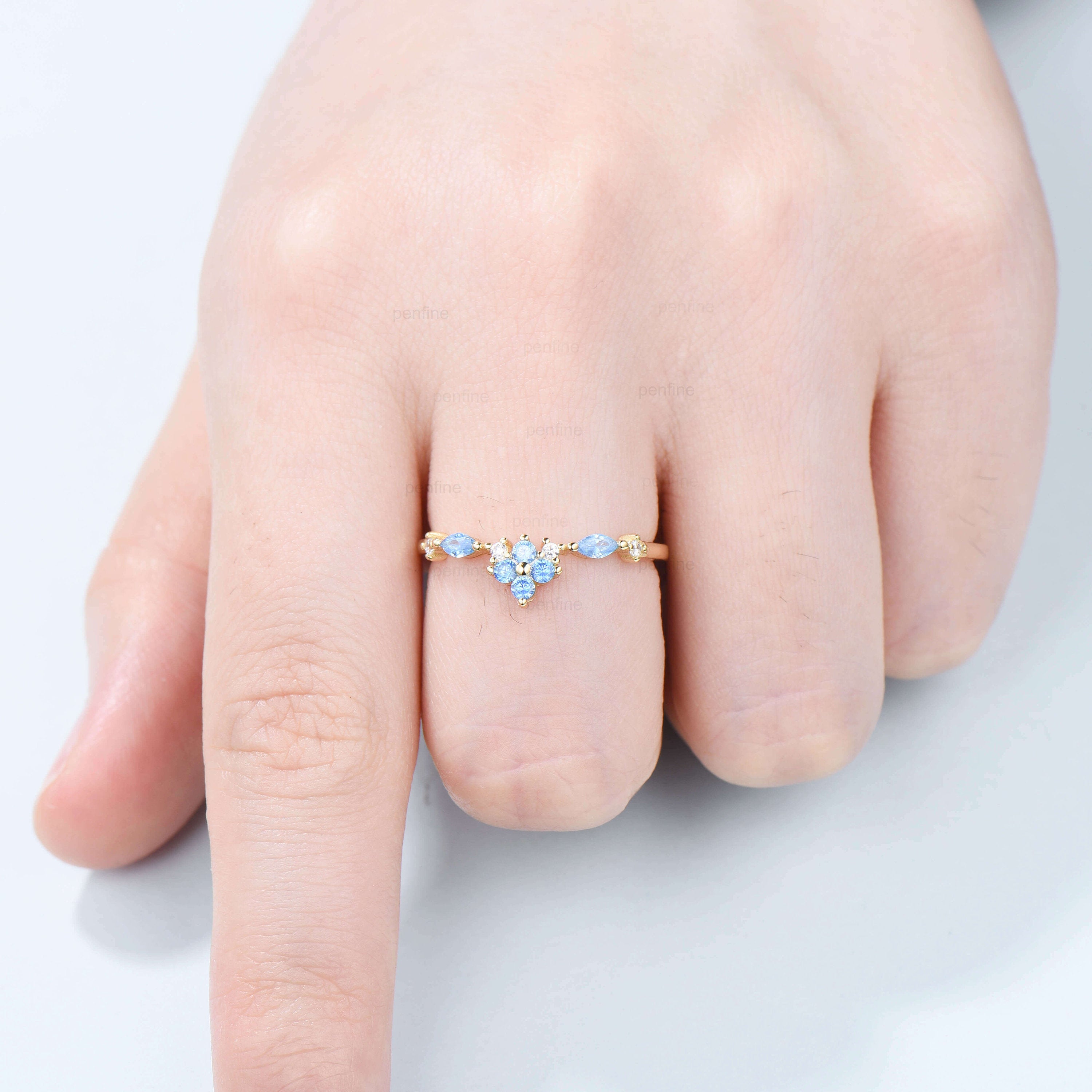 Art Deco Swiss Blue Topaz Wedding Band - 14K Yellow Gold Half Eternity Vintage Ring for Women | Stackable Anniversary, Promise & Matching Ring Set | Perfect for Engagement, Bridal Jewelry & Special Occasions