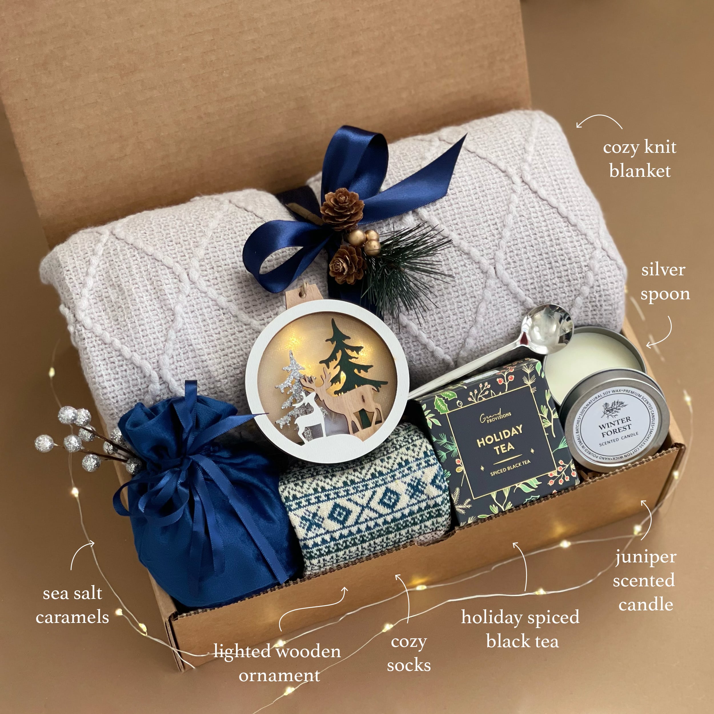 Premium Nordic Holiday Cheer Gift Set - Cozy Tea, Warm Socks, Festive Ornament, Scented Candle & Silver Spoon - Perfect Christmas Present for Family & Friends