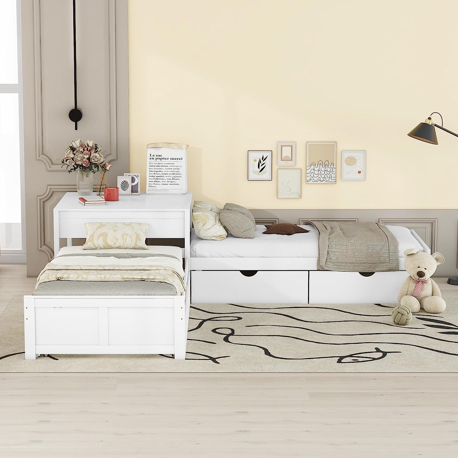 **L-Shaped Wooden Platform Bed with Trundle & Drawers - Twin Size, White - Built-in Desk & 3 Twin Beds for Kids, Teens, Boys & Girls - Perfect for Small Bedrooms, Shared Rooms & Multi-Kid Spaces**