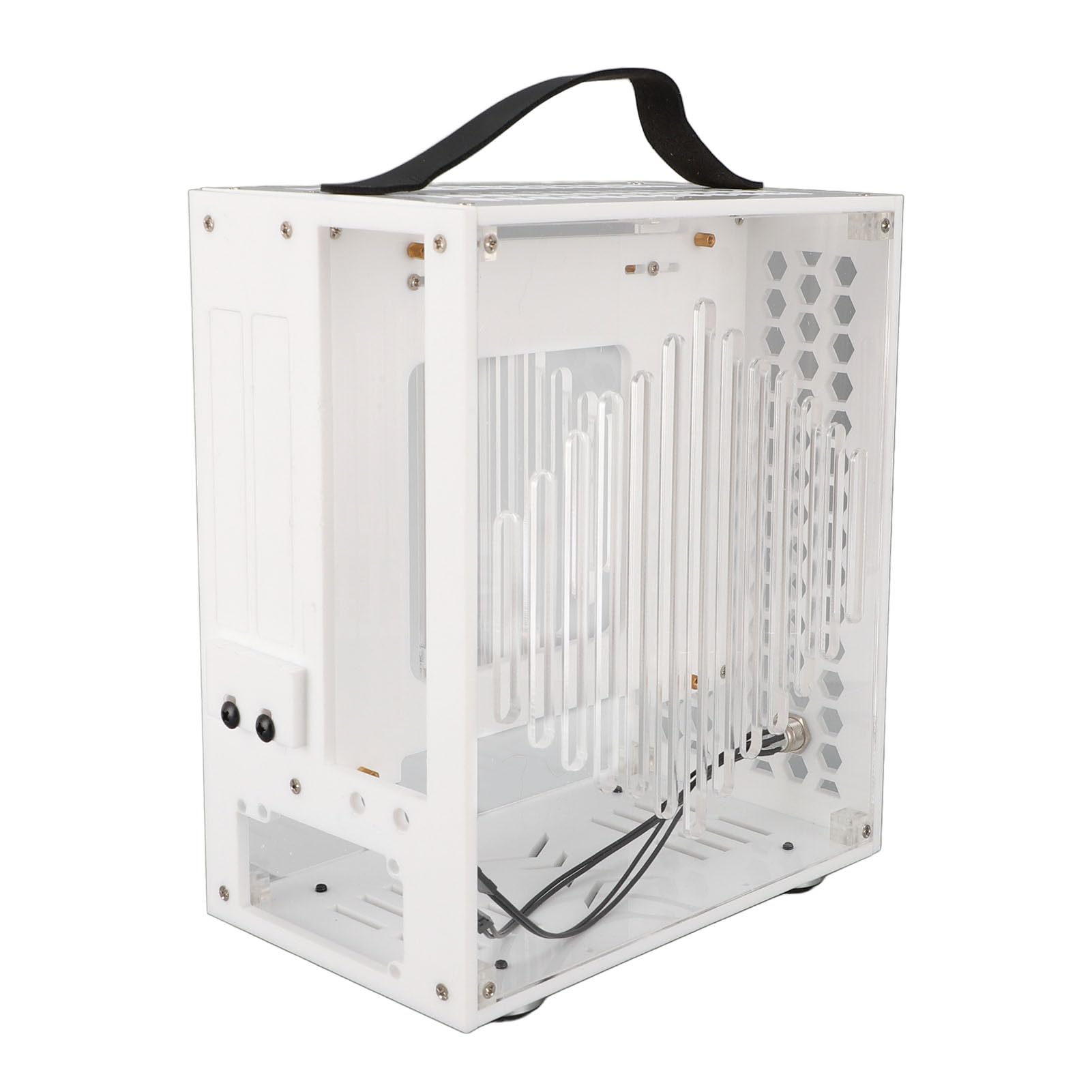 Mini ITX PC Case with Handle - 360° Open Hollow Airflow Design, Transparent Acrylic Gaming Computer Chassis for DIY Builds, Workstation & Home Office (White) | Perfect for Compact Gaming Rigs & Streaming Setups
