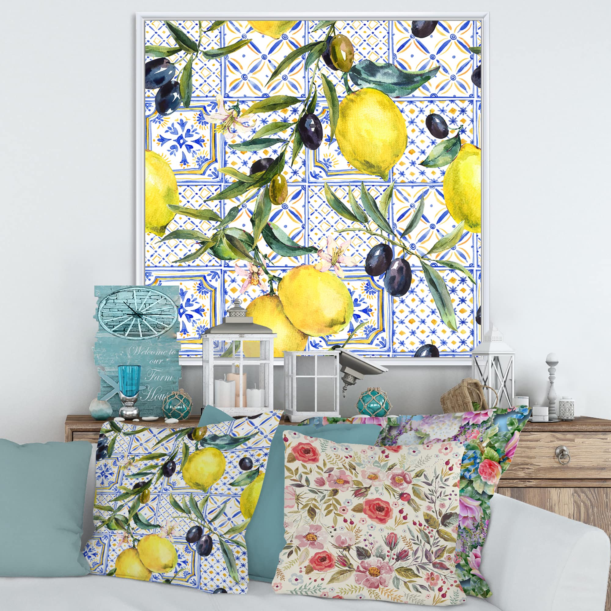 Lemon Ornament on Blue Geometric Pattern III - Tropical Framed Canvas Wall Art Print for Home Decor, Kitchen, Living Room & Office