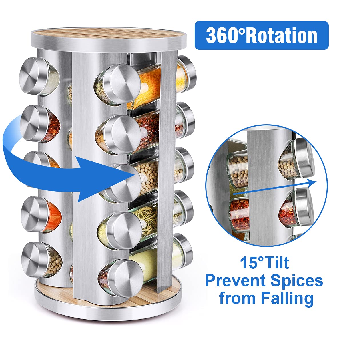 20-Piece Rotating Spice Rack Organizer with Jars - Stainless Steel & Wooden Countertop Spice Tower for Kitchen Cabinet - Includes Reusable Labels, Funnel & Brushes - Perfect for Organizing Spices, Herbs & Seasonings in Pantry or Cooking Area