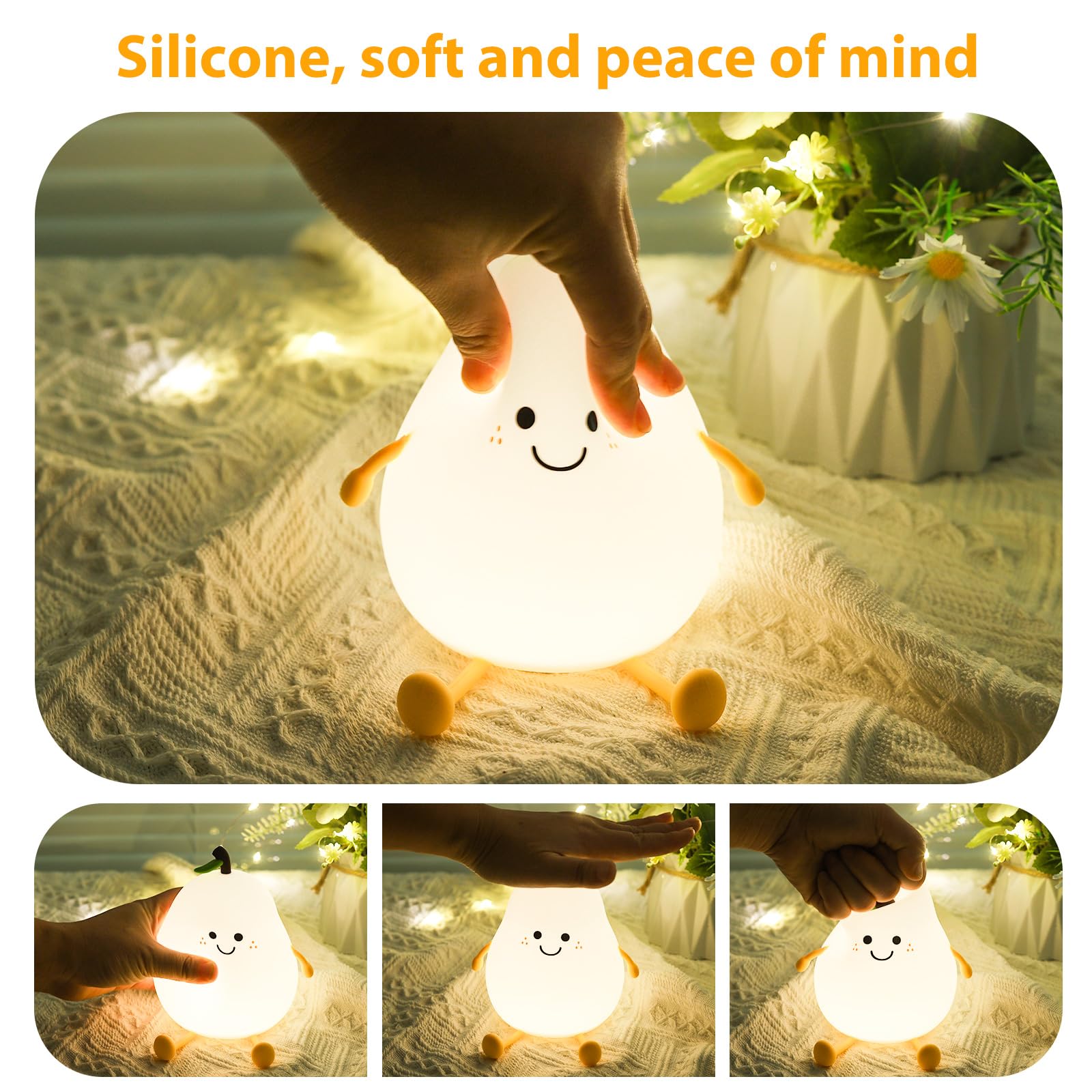 Cute Pear-Shaped Night Light for Kids - Soft Silicone LED Touch Lamp for Toddlers, Nursery Decor & Bedside Lighting - Perfect Birthday Gift for Babies, Children & Women - Ideal for Bedrooms, Nurseries & Relaxing Nighttime Use