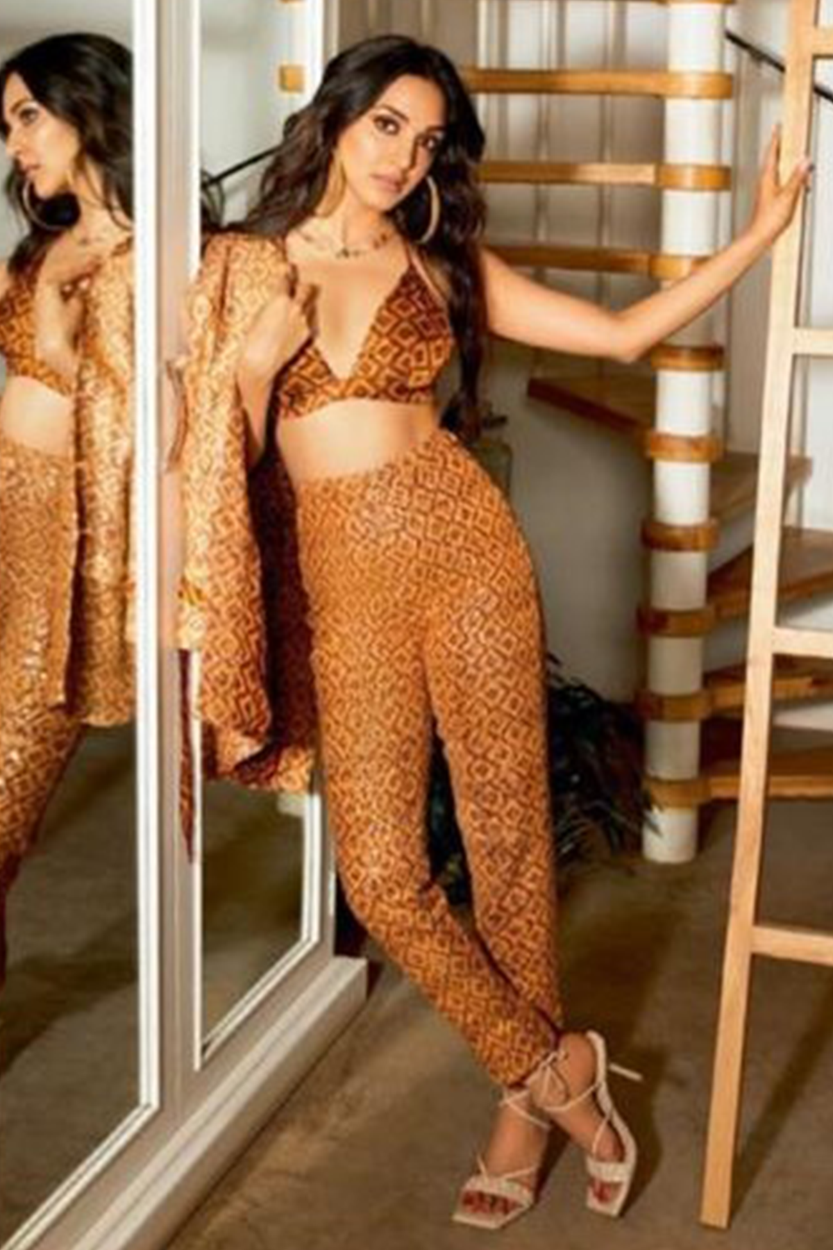 Kiara Advani Sequin Beige Brown Basket Weave Print Blazer & Pants Set - Women's Formal Office Wear & Party Outfit for Evening Events