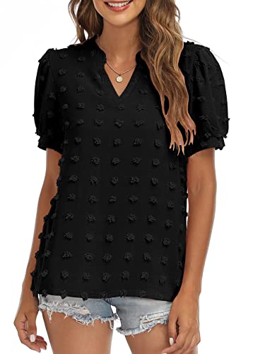 Women's V-Neck Puff Short Sleeve Blouse - Flowy Summer Tops for Casual Wear, Date Night & Office Outfits