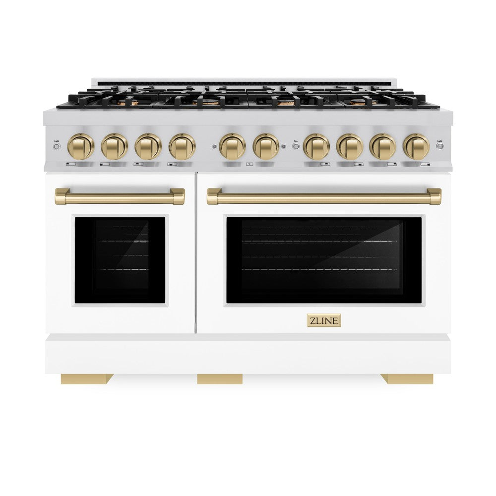 ZLINE Autograph Edition 48-Inch 6.7 cu. ft. Select Double Oven Gas Range with 8 Burner Cooktop - Stainless Steel with White Matte Doors & Champagne Bronze Accents (HGRZ WM 48 CB) - Perfect for Large Kitchens & Professional Cooking