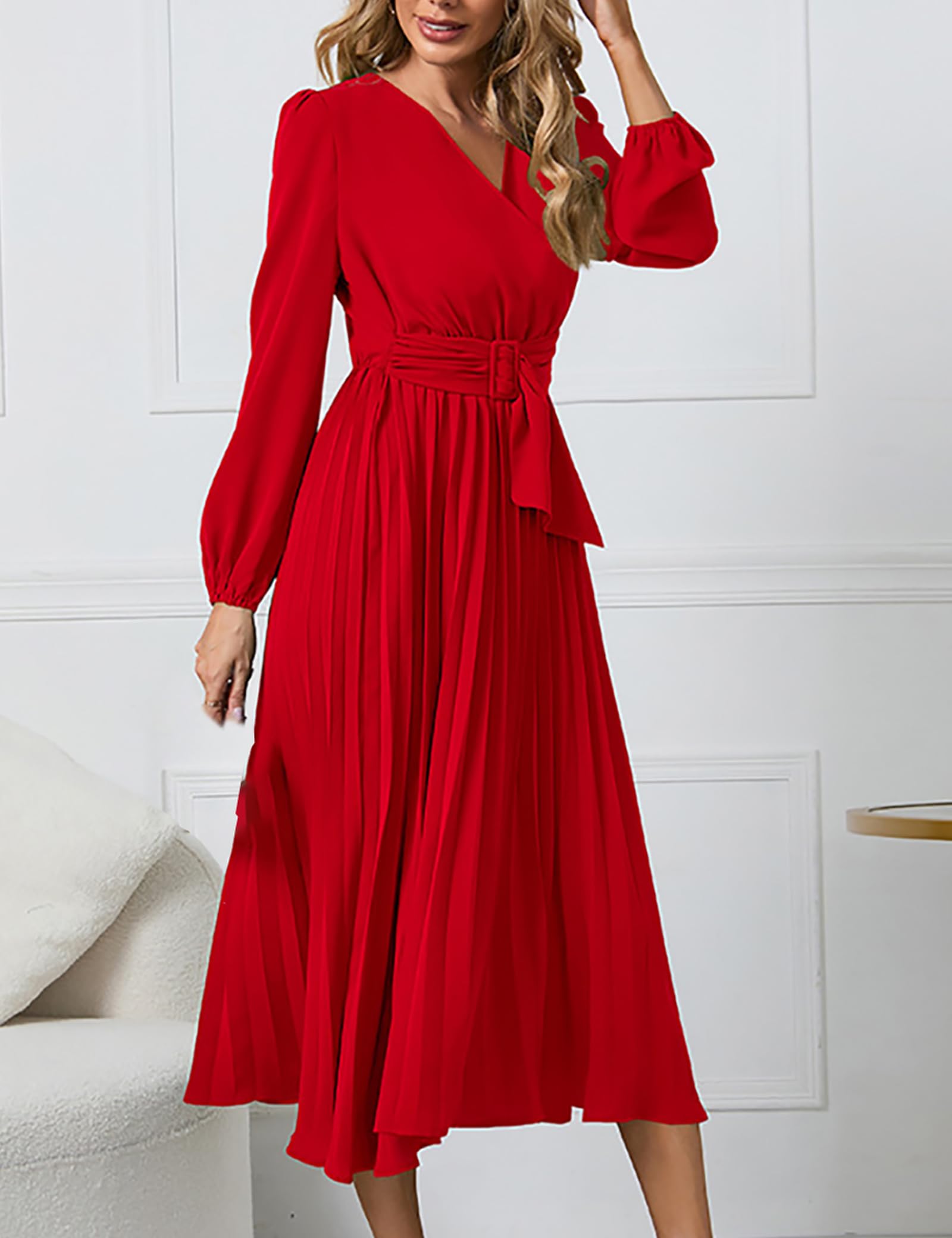 SDEER Women's Casual Midi Dress - V Neck Long Sleeve Pleated High Waist Flowy Dress for Wedding Guest, Party, Office & Everyday Wear