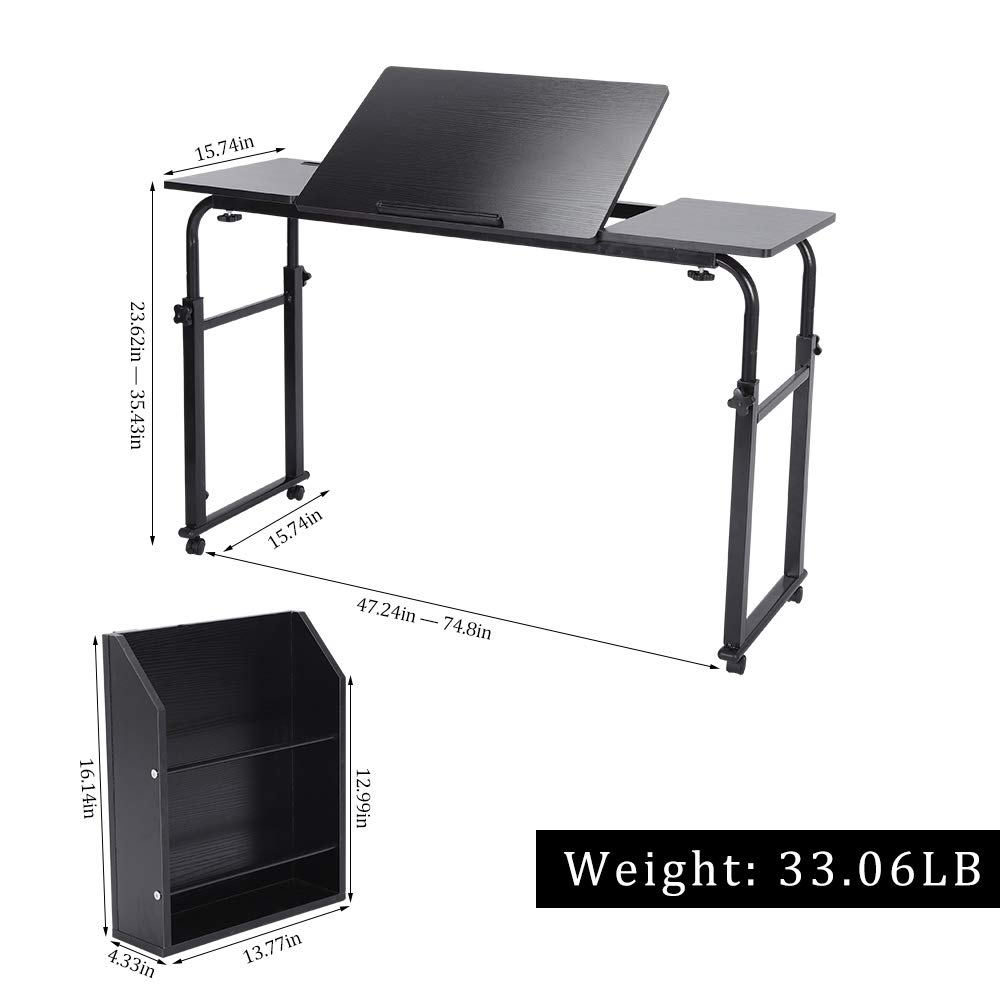 Adjustable Overbed Desk with Wheels - Mobile Hospital Bed Table, Rolling Laptop Desk for Medical Use & Home Office, Height & Length Customizable (Black) - Perfect for Patients, Students & Remote Workers