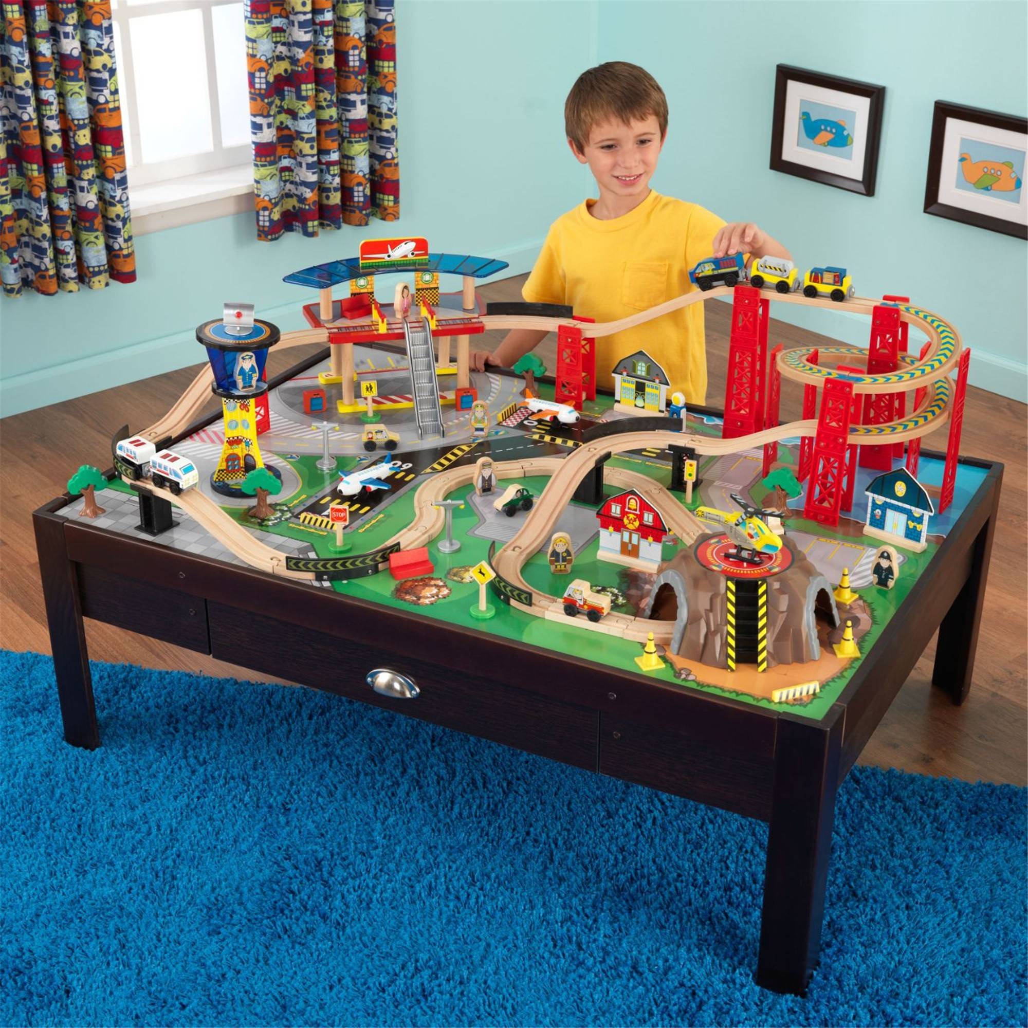 KidKraft Airport Express Espresso Wooden Train Set & Play Table - Interactive Toy for Kids Ages 3+ | Perfect for Pretend Play, Early Learning & Toddler Room Decor