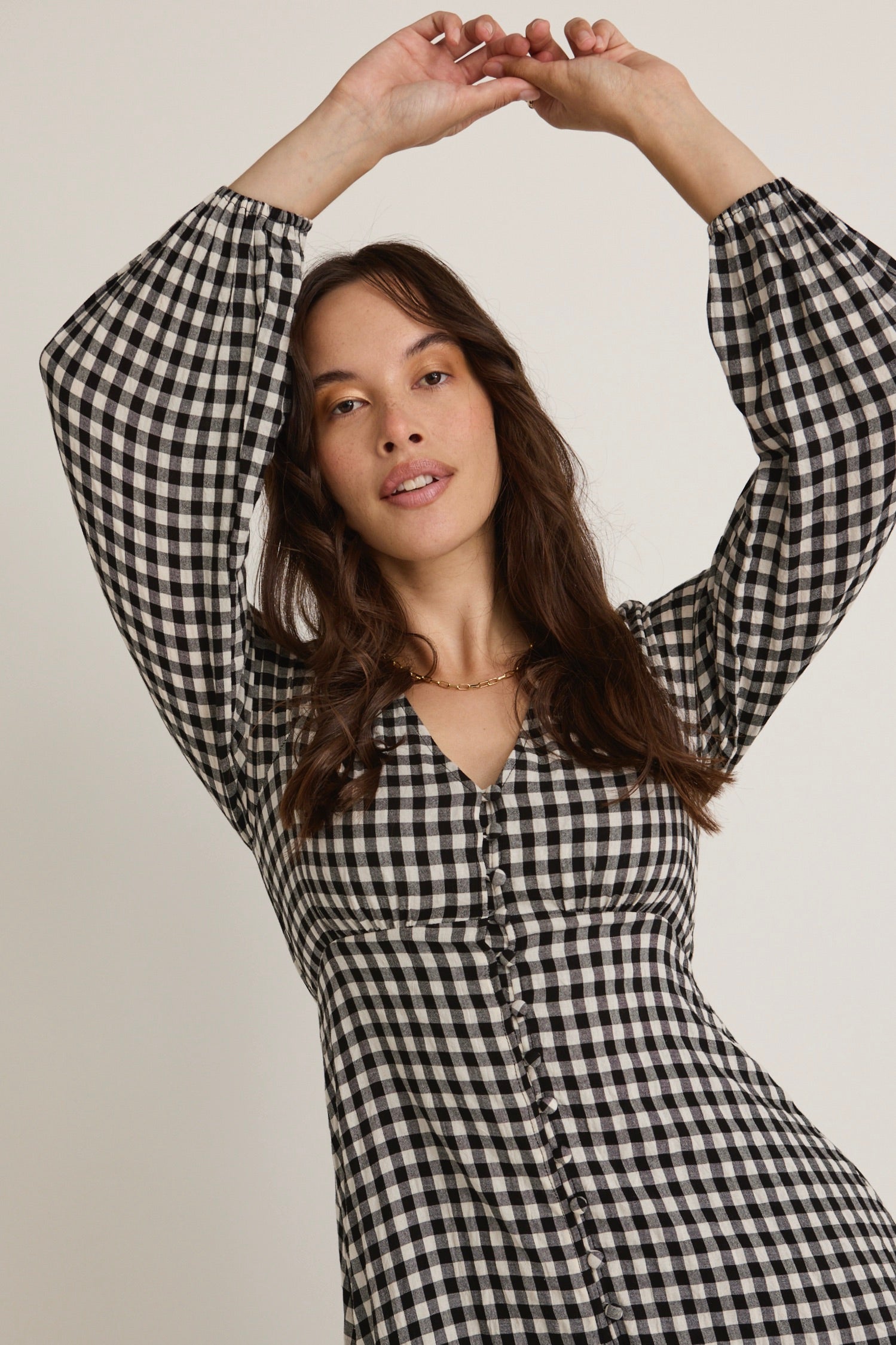 Damsel Black Gingham Long Sleeve Button Front Midi Dress - Perfect for Casual Outings, Office Wear & Special Occasions