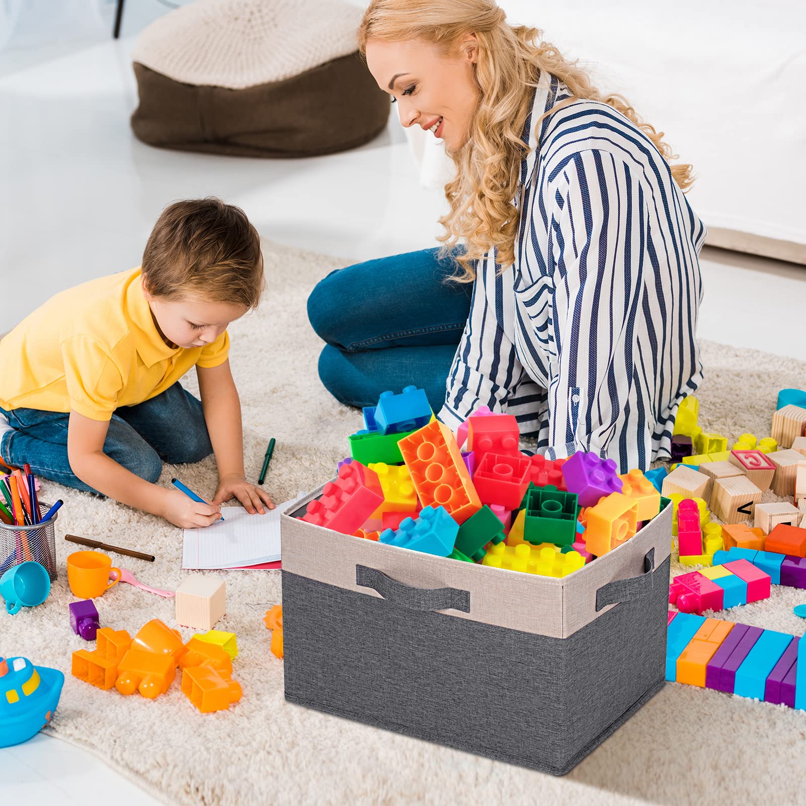 Large Foldable Fabric Storage Bins with 3 Handles - 15x11x9.6 Inch Closet Organizer Baskets - Sturdy Shelving Storage for Bedroom, Living Room & Office - Beige Set of 3 - Perfect for Home Organization & Space Saving