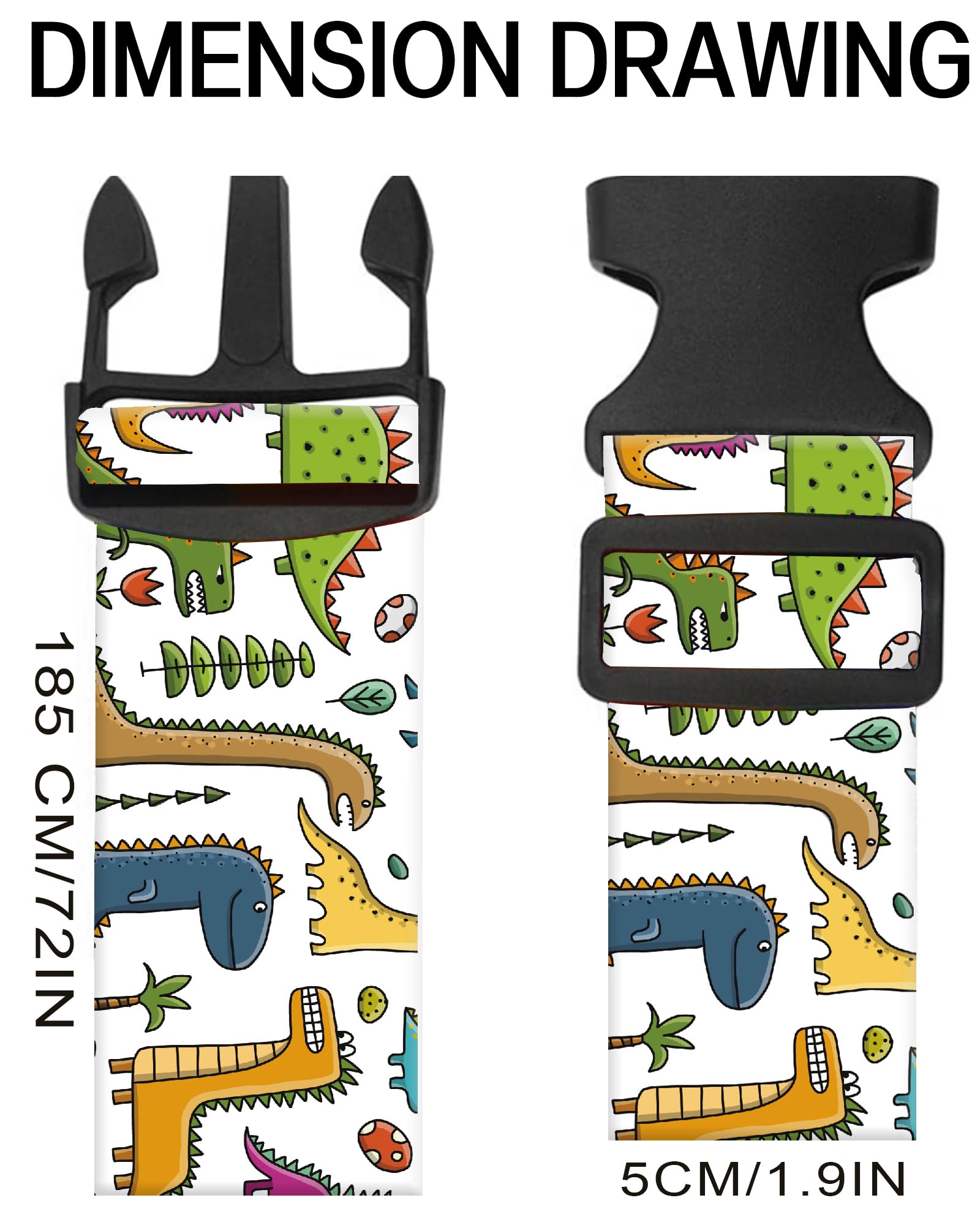 Durable Adjustable Luggage Straps for Suitcases - Wide Travel Belt with Secure Buckle, Cute Dinosaur Design Suitcase Identifier - Perfect for Air Travel, Vacation & Luggage Organization