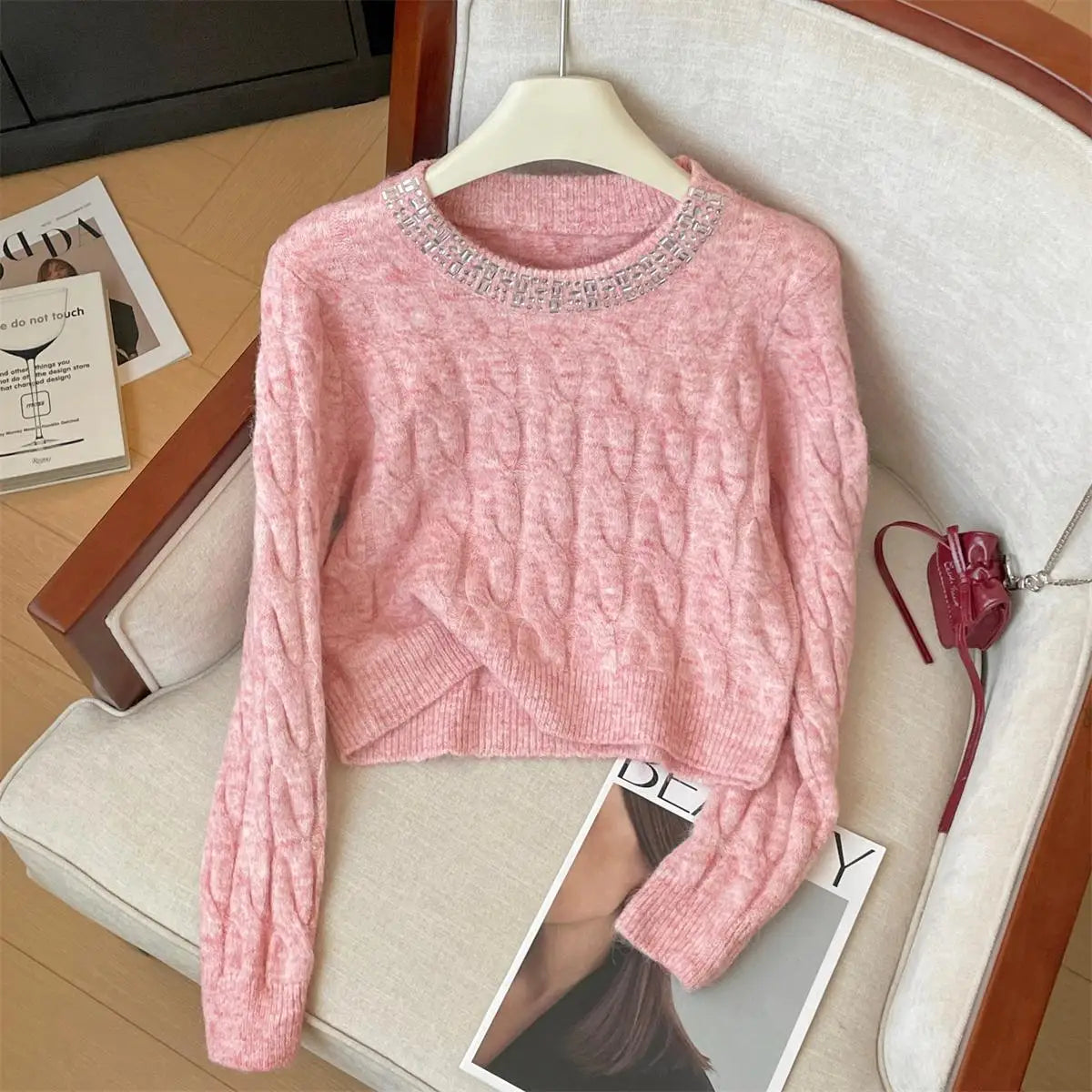 Women's Beige & Pink Diamond Knit Sweater - Round Neck Long Sleeve Pullover Top for Fall Winter | Casual Chic Fashion Knitwear for Office, Dating & Holiday Outfits