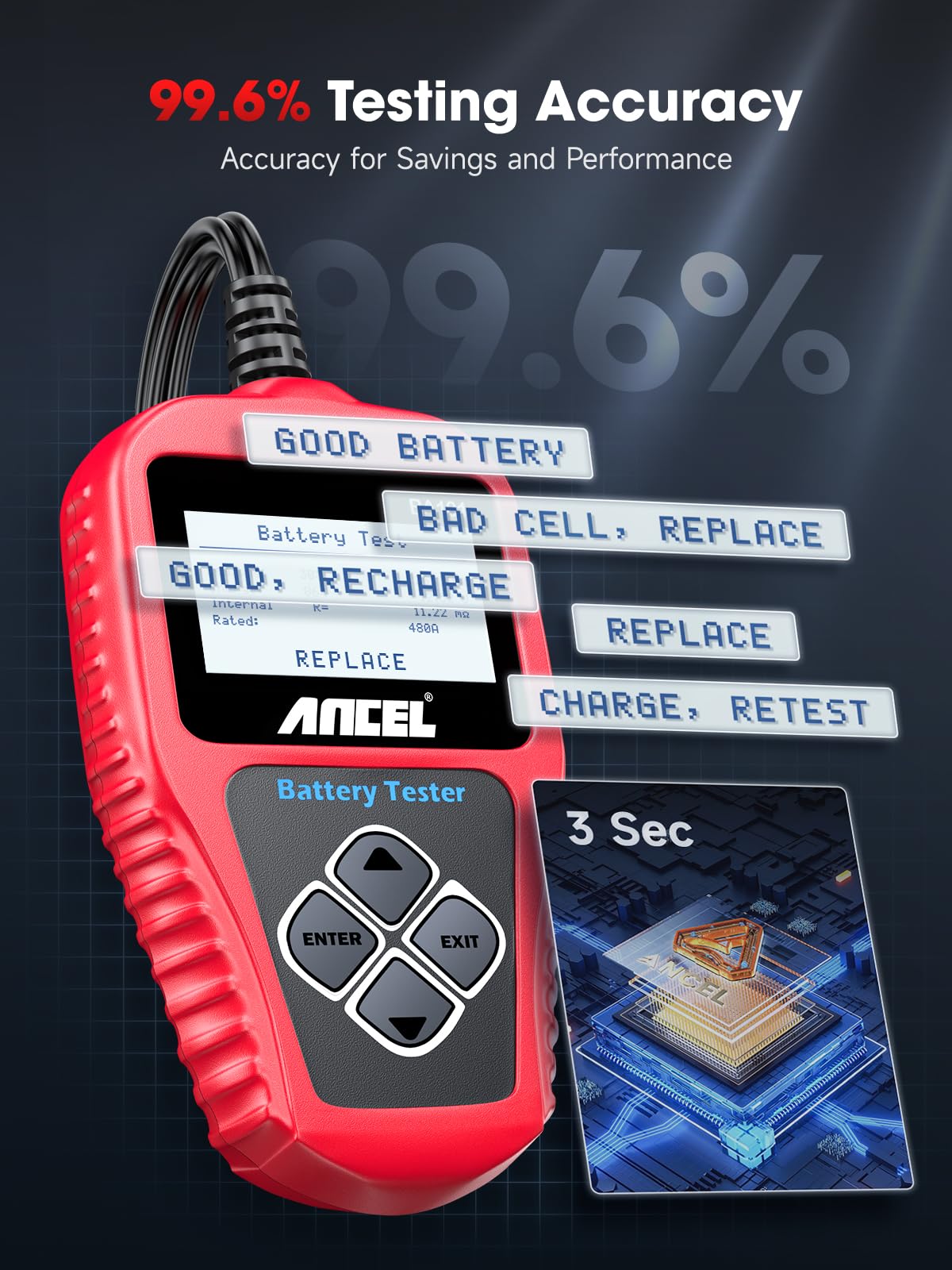 ANCEL BA101 12V Digital Car Battery Tester - 100-2000 CCA Load Capacity Automotive Alternator Diagnostic Tool - Cranking & Charging Analyzer for Trucks, Boats, RVs, Marine Vehicles - Perfect for Road Trips, Camping & Emergency Vehicle Maintenance