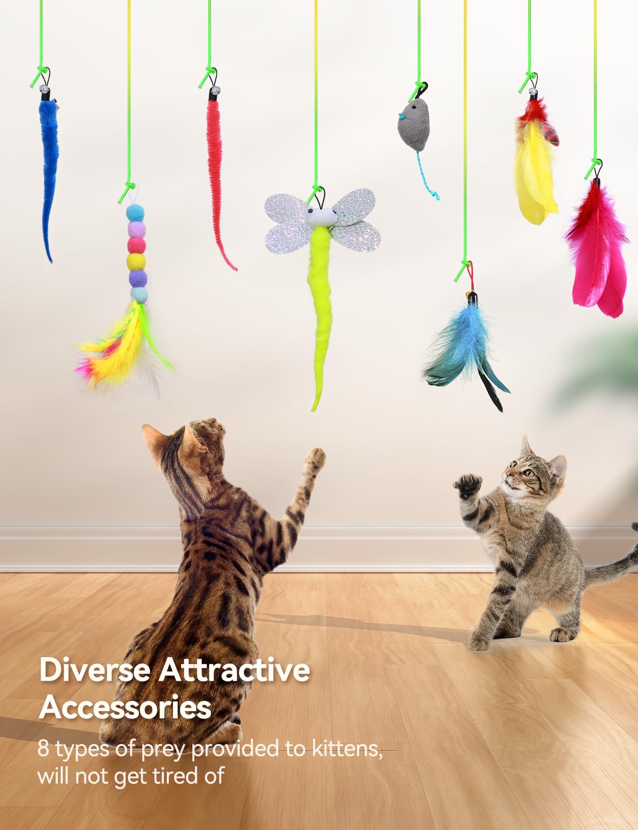Interactive LED Cat Toys with Bells - 8 PCS Feather & Mouse Teaser Refills for Indoor Cats - Hanging Kitten Exercise Toys for Adult Cats - Perfect for Playtime & Boredom Relief (Silver)