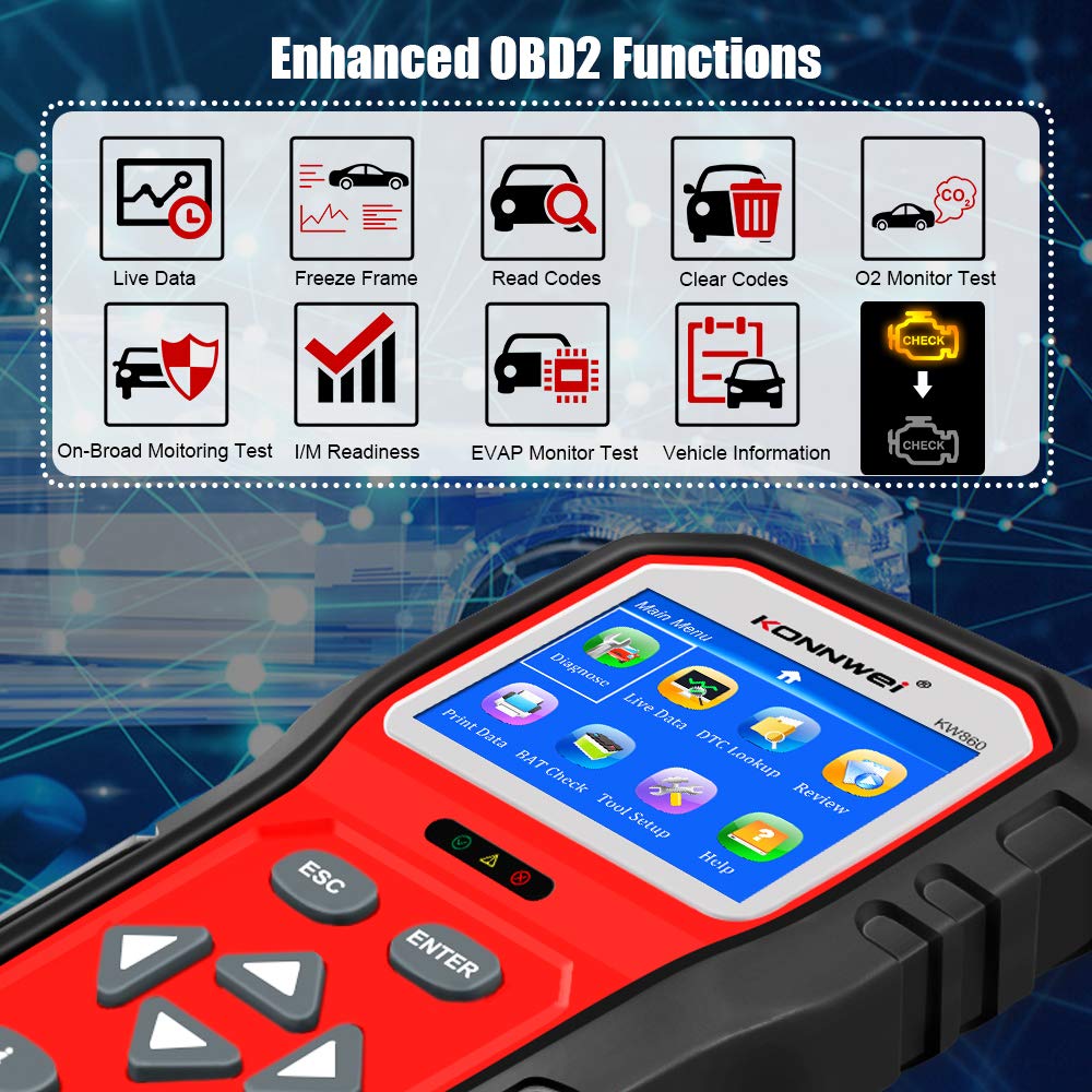 KW860 Enhanced OBD2 Scanner & KW510 Battery Charger Tester Combo - Professional Car Diagnostic Tool for Engine, ABS, Transmission - 12V Battery Tester & Maintainer - Perfect for Mechanics, DIY Auto Repair & Vehicle Maintenance