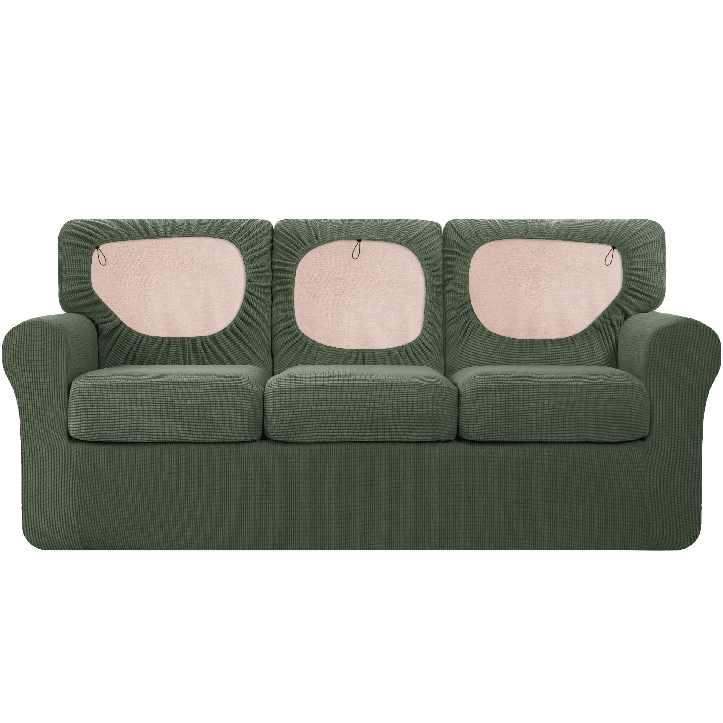 Subrtex 7-Piece Sofa Cover Set - Stretchable 3-Seater Couch Slipcover with Separate Cushion & Backrest Covers - Olive Drab Furniture Protector for Living Room, Office, and Dorm - Easy Wash & Anti-Slip Design