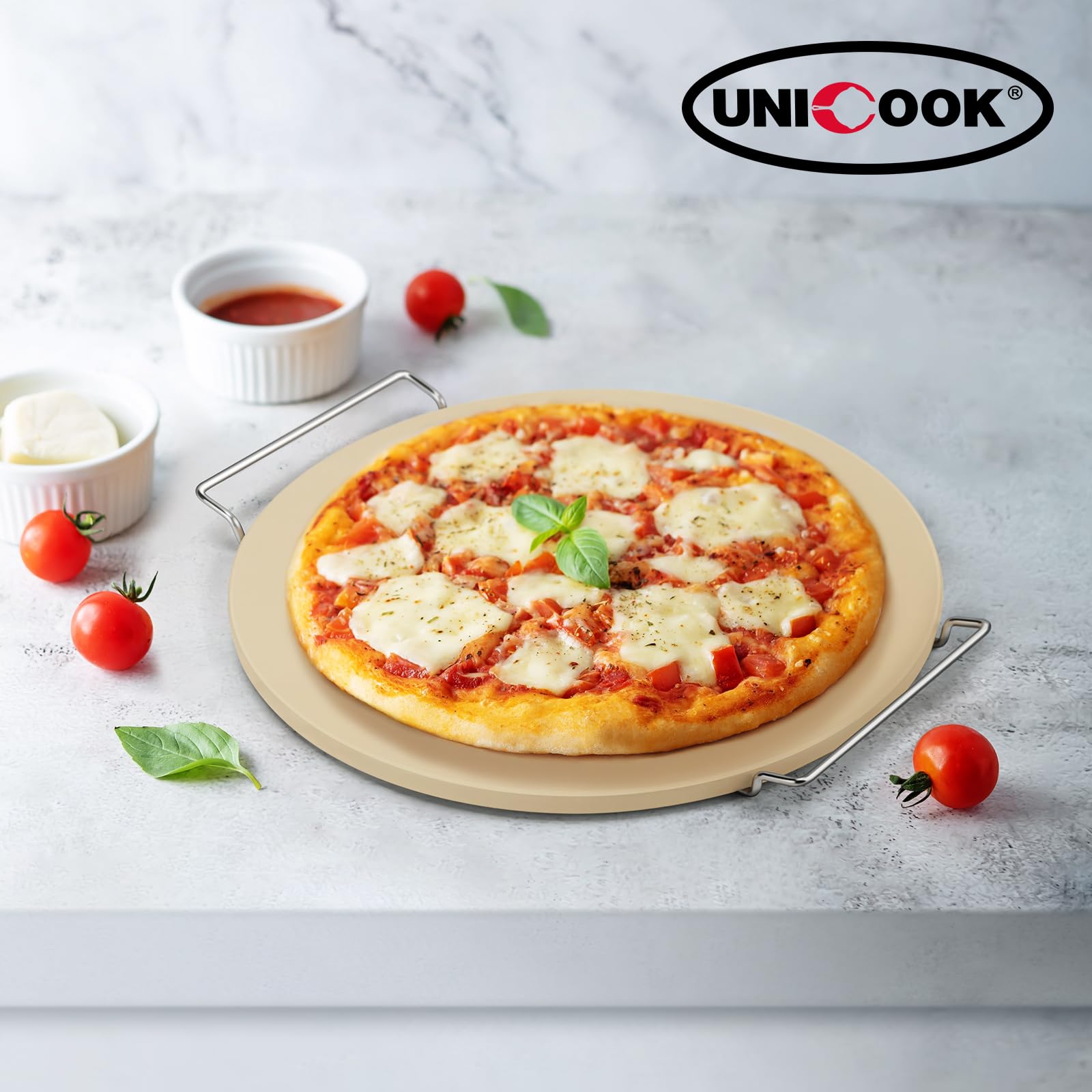 Unicook 12 Inch Round Pizza Stone for Oven & Grill - Premium Cordierite Baking Stone for Crispy Pizza, Bread & Cookies - Includes Carry Rack & Dough Scraper - Perfect for Home Baking, Outdoor Grilling & Restaurant Use