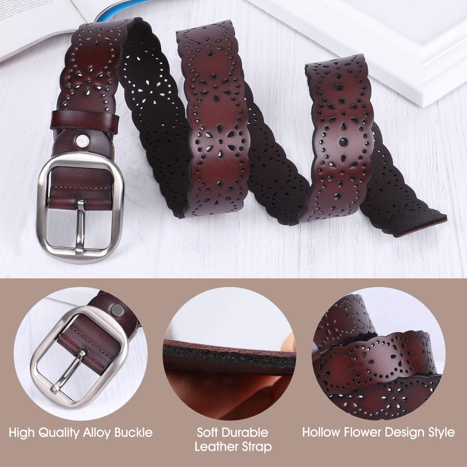 JASGOGOD Women's Genuine Leather Wide Belt - Hollow Flower Design Fashion Belt for Jeans & Pants - Perfect for Casual Outfits, Office Wear & Date Night Looks