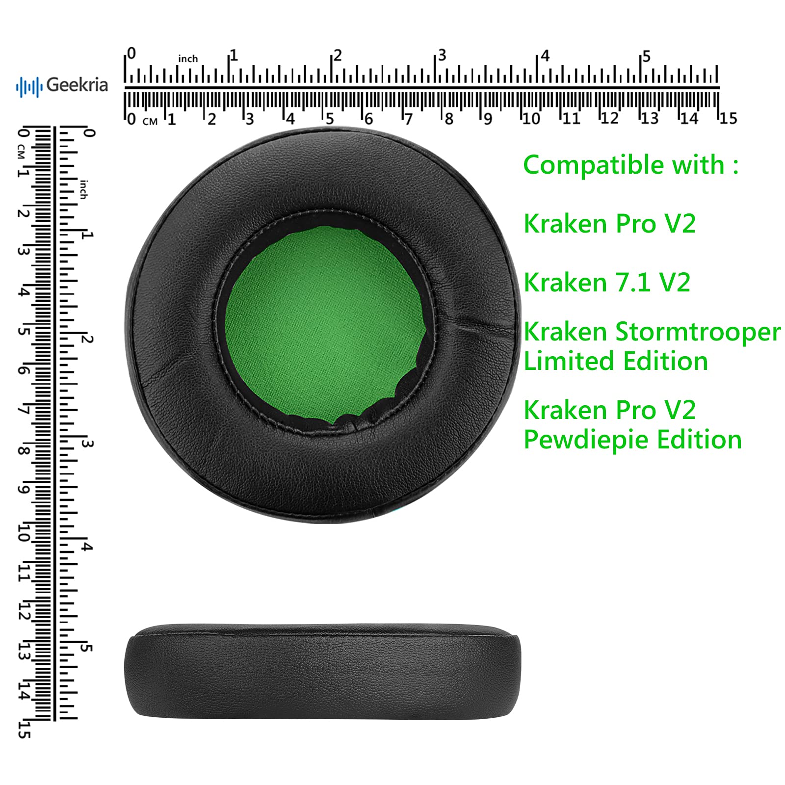 Geekria QuickFit Replacement Ear Pads for Razer Kraken 7.1 Chroma V2 USB Gaming Headset - Premium Memory Foam Ear Cushions, Noise Isolation Earpads, Comfortable Headphone Ear Cups Repair Parts (Black/Green) - Perfect for PC Gaming, Streaming & Long Gaming Sessions