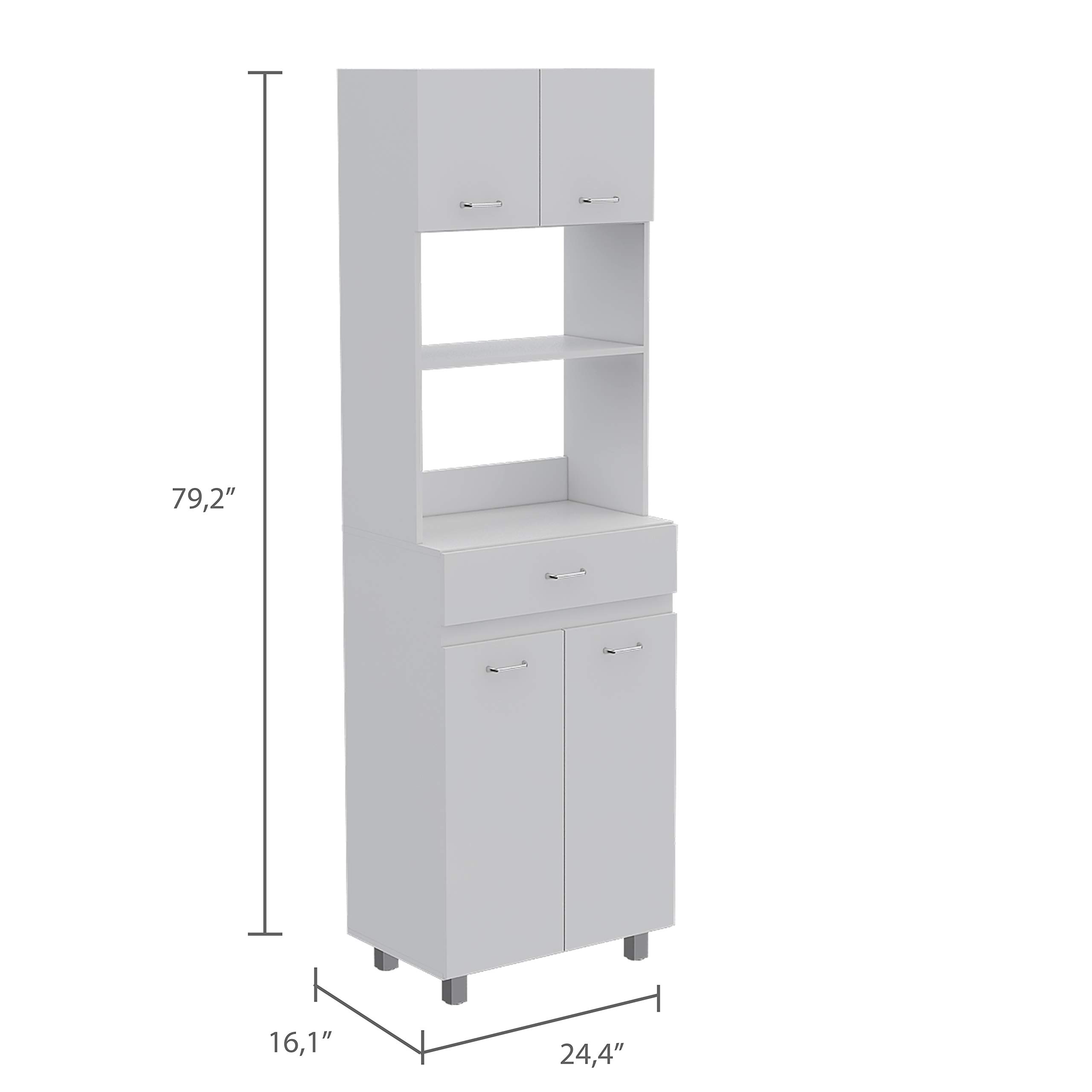 White Auburn Microwave Pantry Cabinet with 2 Storage Cabinets, 2 Open Shelves & Drawer - Perfect for Kitchen Organization & Small Space Storage