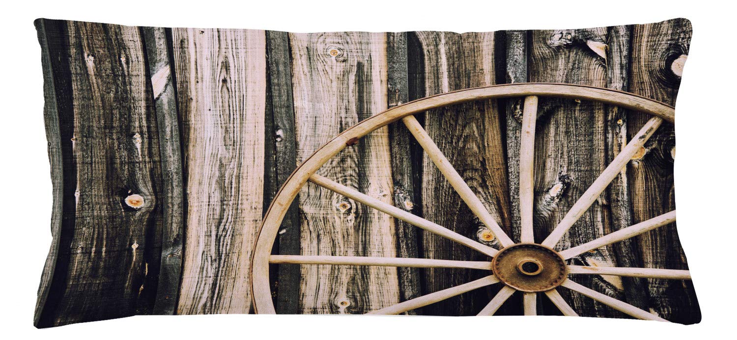 Ambesonne Rustic Farmhouse Throw Pillow Cover 36x16 Inches - Barn Wood Wagon Wheel Design in Black & Pale Brown - Decorative Cushion Case for Sofa, Bed, Porch - Perfect for Country Home & Cabin Decor