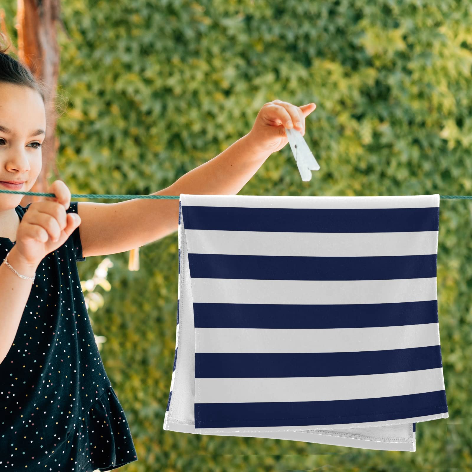 Premium 2-Pack Navy Blue & White Striped Bathroom Hand Towels - 14x28 Inch Soft Absorbent Cotton Towels for Hand, Face, Hair - Perfect for Kitchen, Bathroom & Tea Towel Use