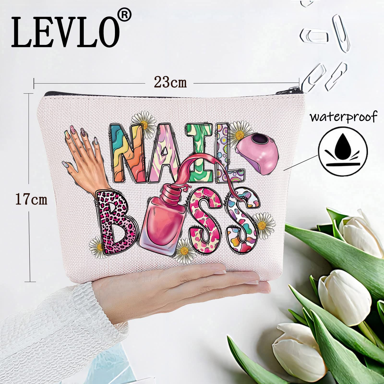 LEVLO Nail Boss Cosmetic Makeup Bag - Professional Nail Technician Organizer Pouch for Artists & Techs - Waterproof Zippered Travel Case - Perfect Gift for Nail Professionals (Great for Salon Storage & On-the-Go Beauty Essentials)