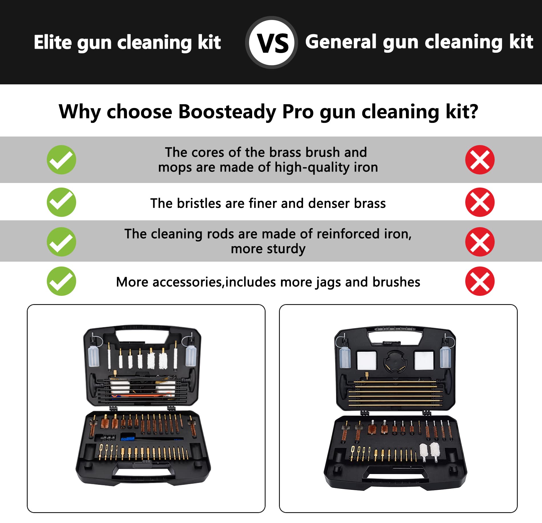 BOOSTEADY Pro Universal Gun Cleaning Kit - High-End Brass Brushes, Mops, Jags & Reinforced Rods for Handguns, Shotguns & All Firearms | Perfect for Home Maintenance, Hunting & Range Shooting