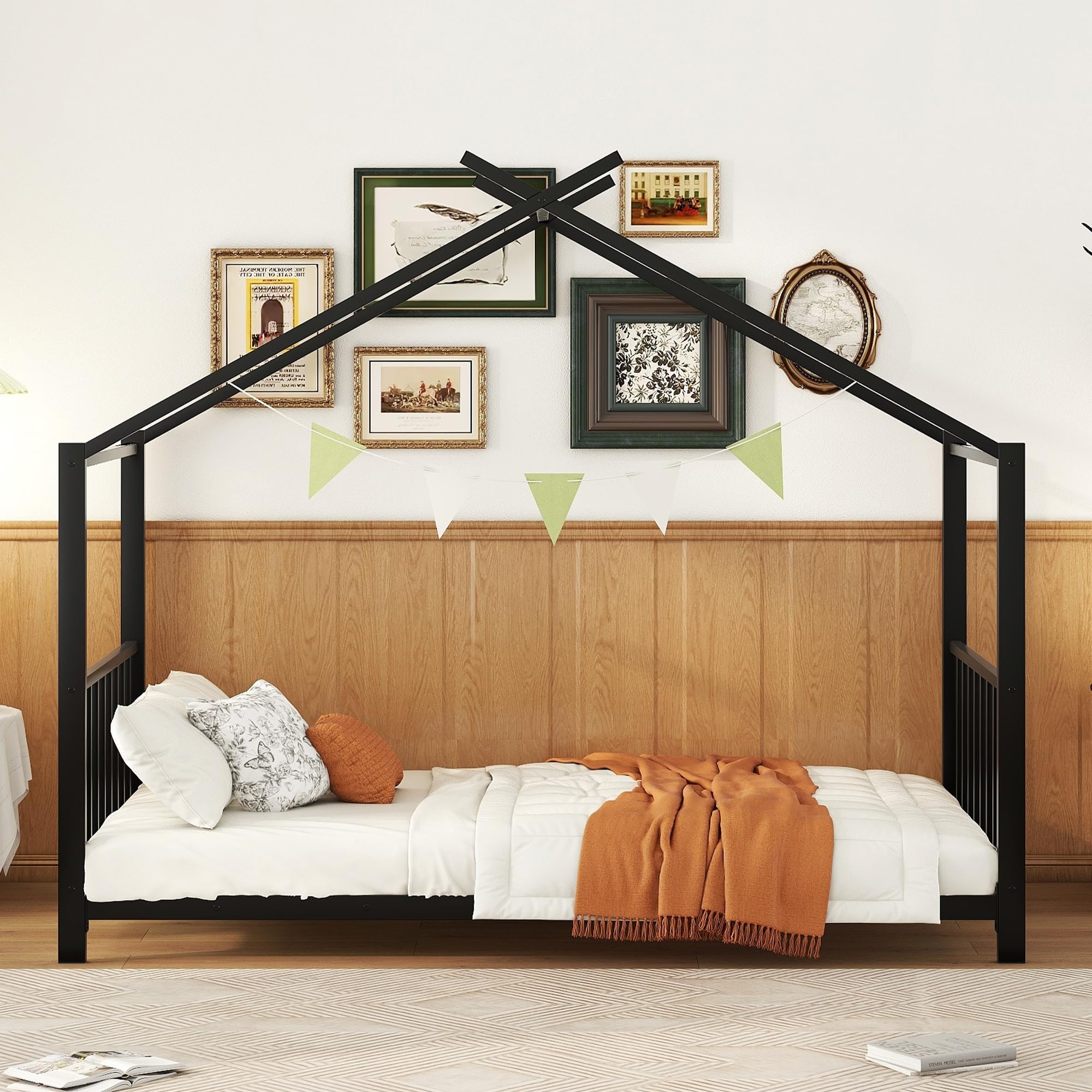 Montessori Twin Size Floor Bed for Kids - Sturdy Metal Frame with High Headboard & Roof Design - Perfect for Boys & Girls Bedrooms (Black) - Ideal for Montessori Learning & Cozy Sleep Spaces