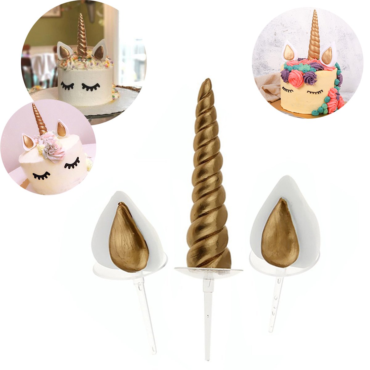 5-Piece Gold Unicorn Cake Topper Set - Edible Cake Decorations for Birthday Parties, Baby Showers, Weddings & Baking (Includes Horn, Ears & Eyelashes) - Perfect for Unicorn-Themed Celebrations & Dessert Decorating