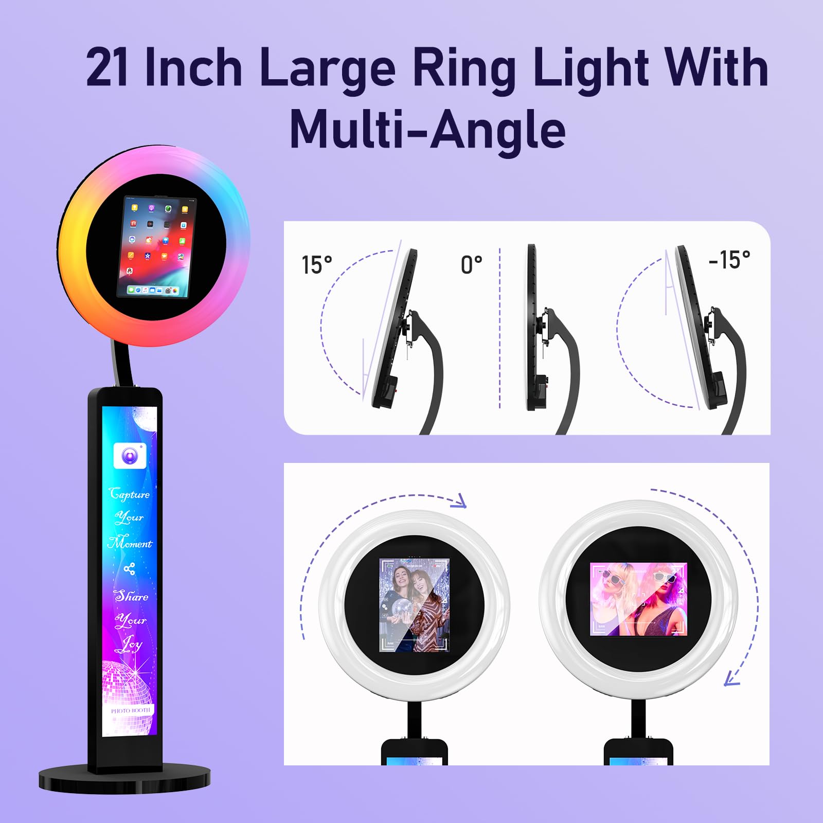 Portable iPad Photo Booth Stand for 10.2'' 10.9'' 11'' 12.9'' iPad Models - Selfie Photo Booth Machine with APP Control, Ring Light & Custom Logo - Includes Flight Case & Light Box (Black) - Perfect for Events, Weddings, Parties & Social Media Content Creation
