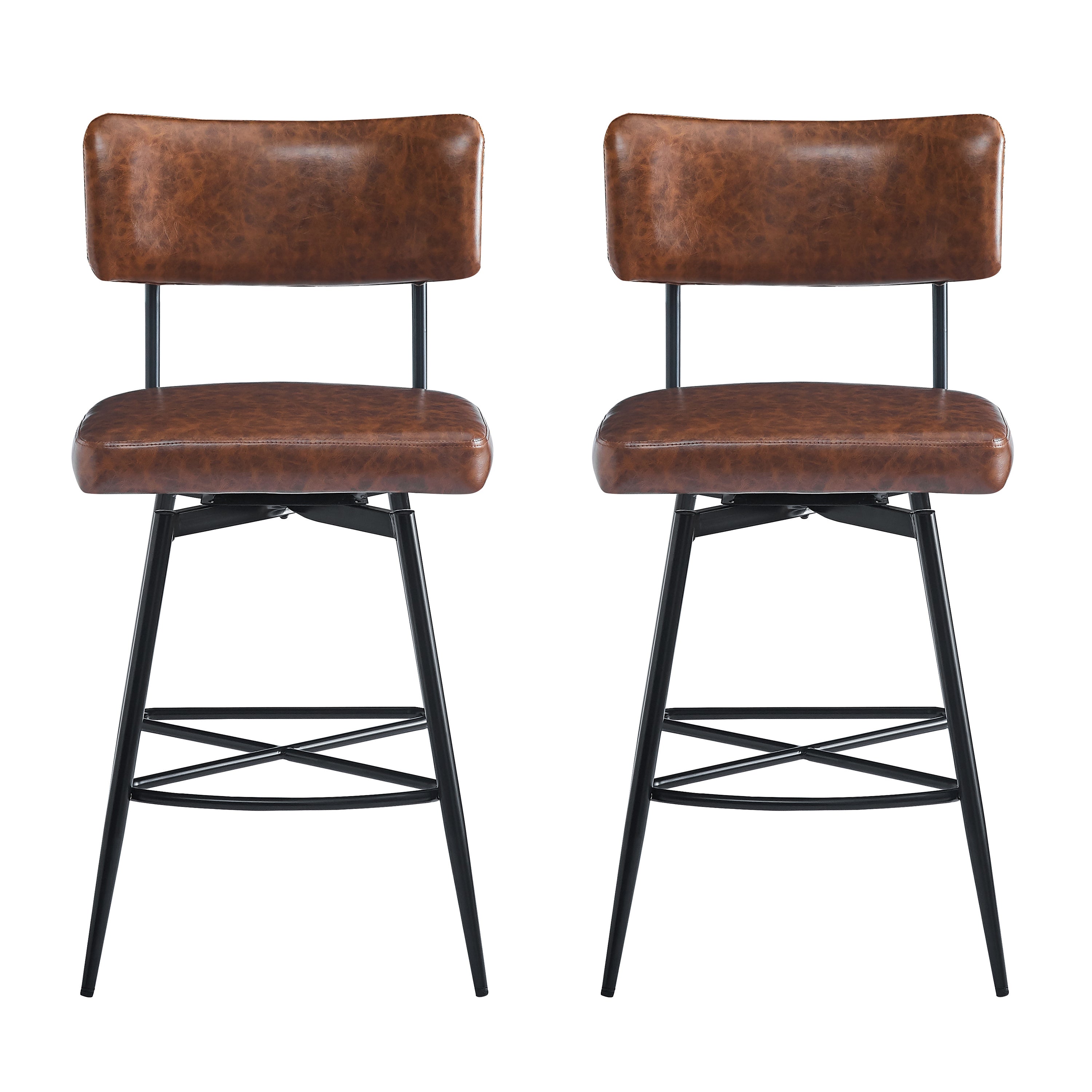 26'' Retro Swivel Counter Stools Set of 2 - Iron Frame & PU Cushioned Bar Stools for Kitchen Island, Breakfast Nook or Home Bar - Vintage Style Adjustable Height Stools