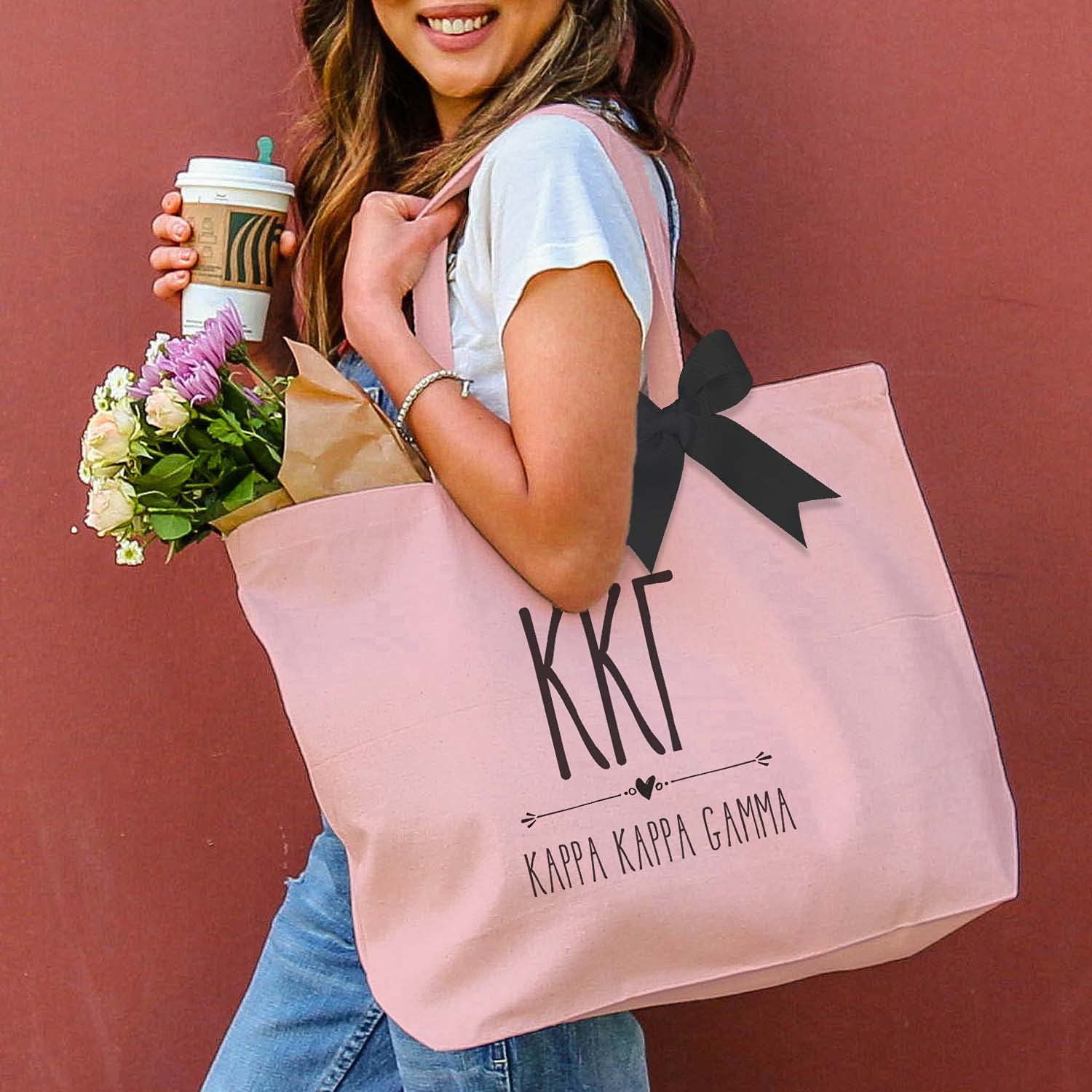 Stylish Pink Canvas Tote Bag with Elegant Black Bow - Large Women's Sorority Tote for Sisterhood Events, College Campus, Beach & Shopping - Durable Fashionable Carryall for Everyday Use