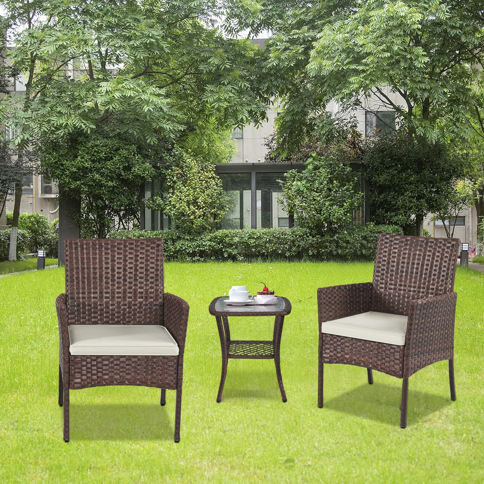 YIYAN 3-Piece Outdoor Patio Furniture Set - Rattan Wicker Chairs with Washable Cushions for Garden, Balcony, Backyard (White) | Perfect for Relaxing, Entertaining & Outdoor Dining