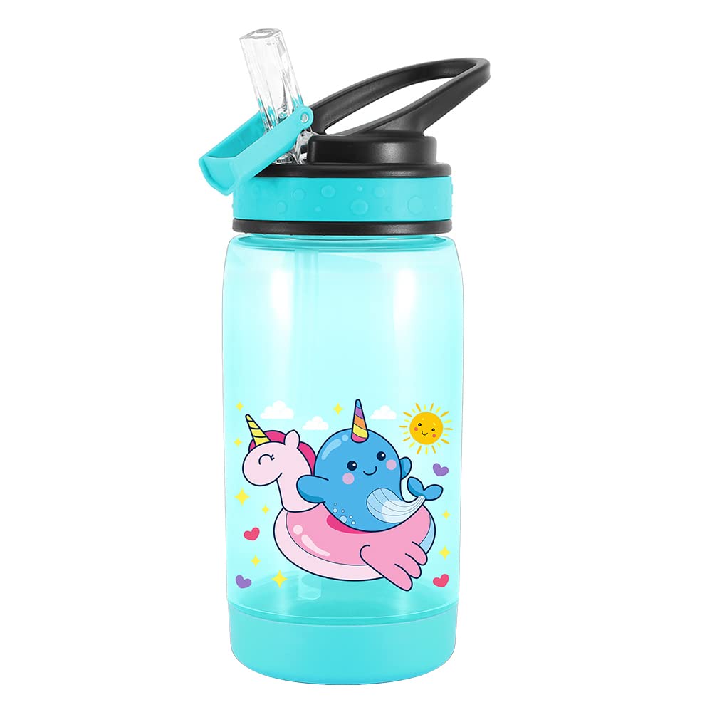 Cute 16oz/470ml Leak Proof Water Bottle with Straw & Flip Lid for School Boys - Easy Clean, Carry Handle, Durable for School, Sports & Outdoor Activities - Dolphin Design