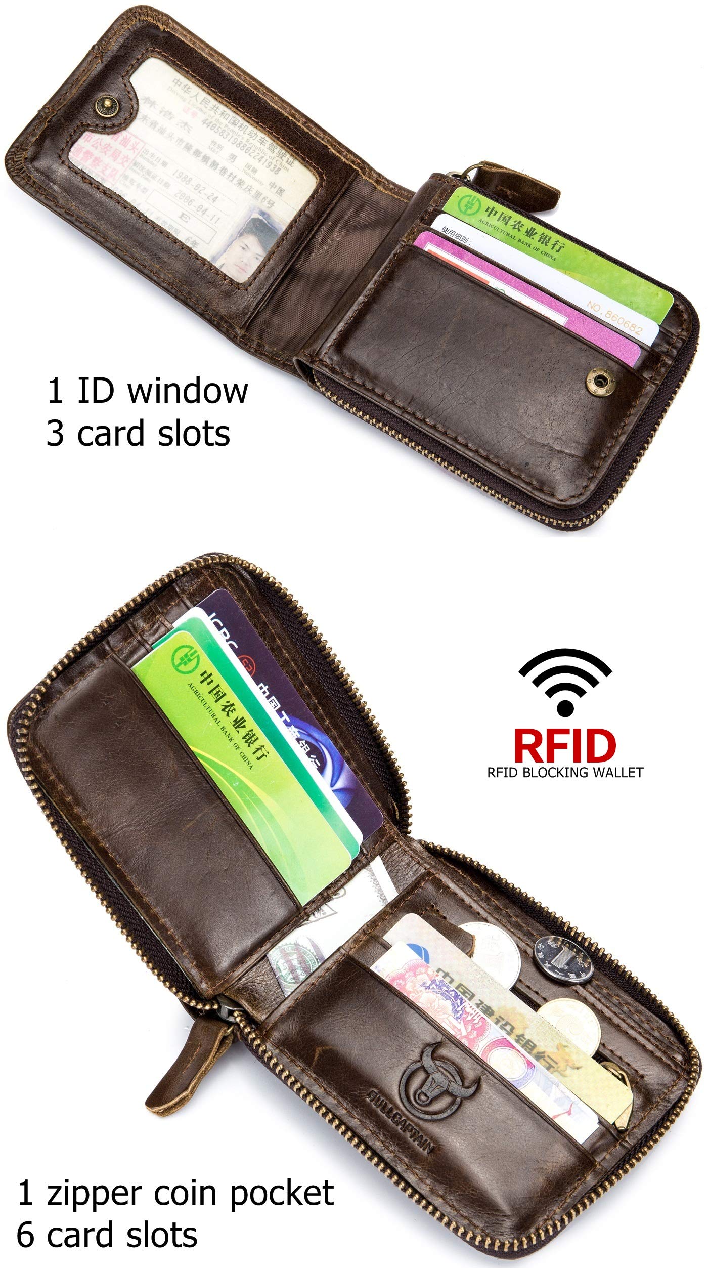 BULLCAPTAIN Genuine Leather Men's RFID Blocking Bifold Wallet with Zipper - Large Capacity Multi Card Holder & Coin Pocket (Brown) | Perfect for Everyday Use, Travel & Business