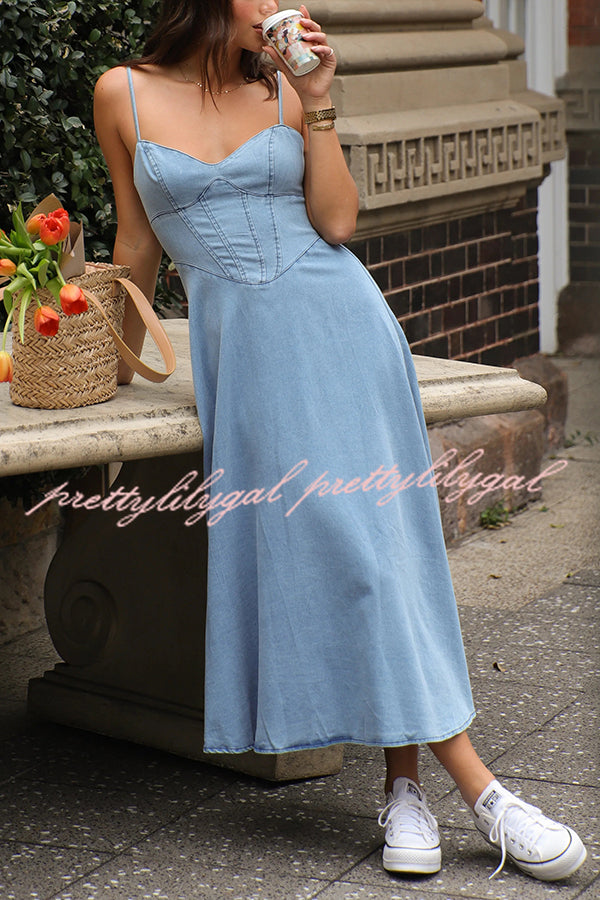 Stylish Solid Color Sleeveless Suspender Pleated Back Faux Denim Midi Dress for Women | Casual Summer Outfit, Party Wear & Office Attire