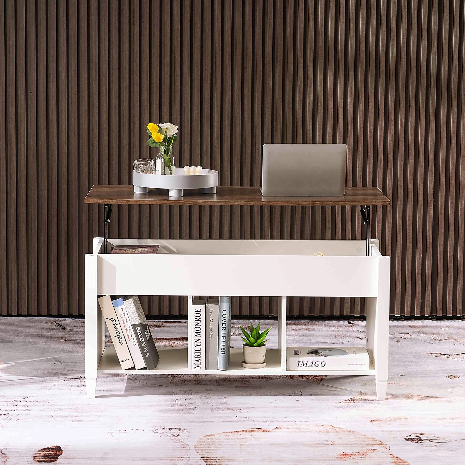 VINGLI White Lift Top Coffee Table with Storage Shelf & Hidden Compartment - Gas Lift Mechanism, Modern Pop Up Center Table for Living Room - Perfect for Small Spaces, Home Office & Entertainment Areas