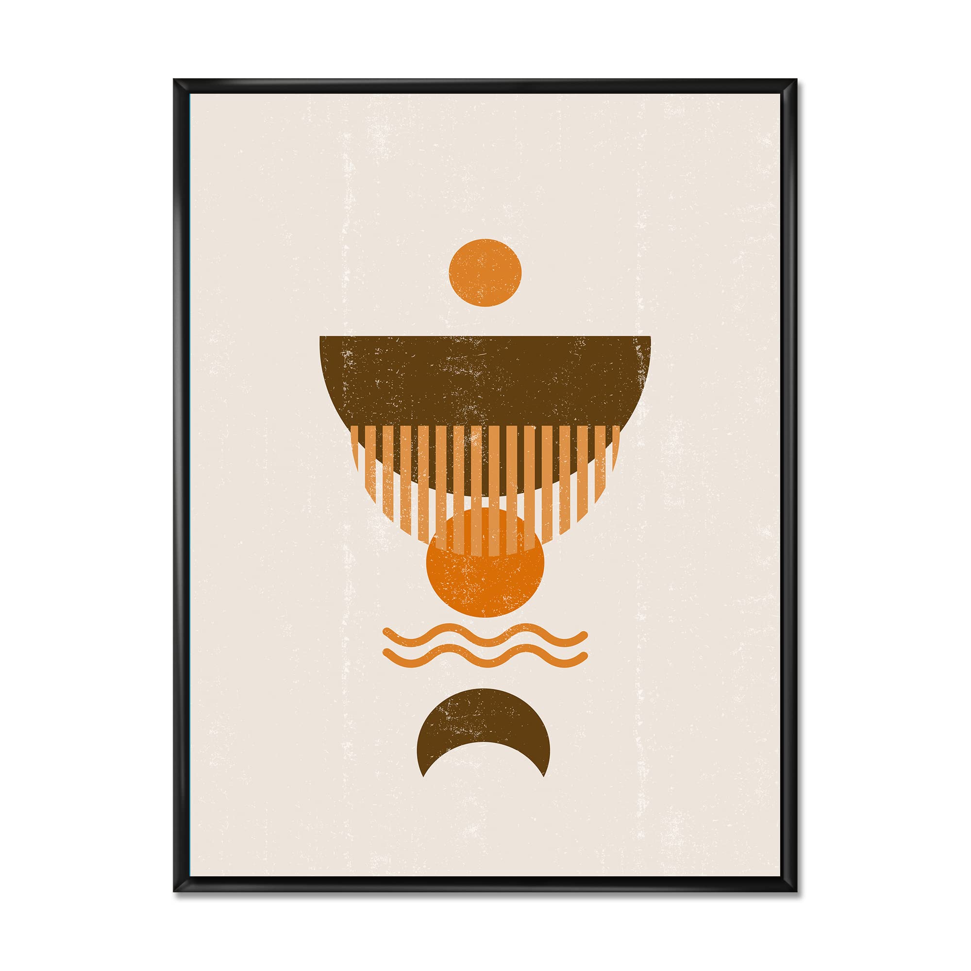 Abstract Minimal Orange Sun and Brown Moon Framed Canvas Wall Art - Modern Home Decor for Living Room, Bedroom & Office - Handmade Print for Contemporary Interior Design