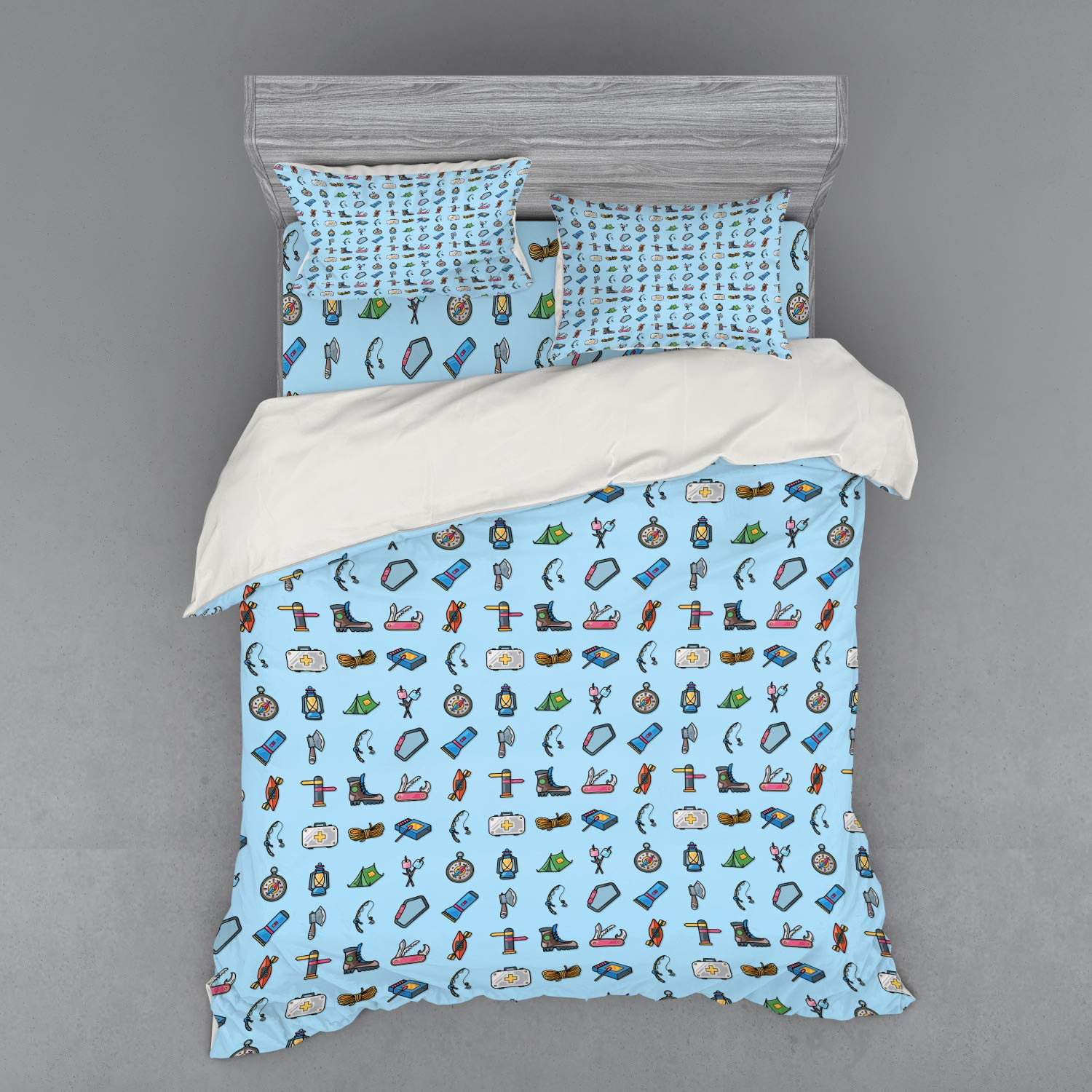 Ambesonne Vibrant 3-Piece Queen Size Bedding Set - Duvet Cover, Sham & Fitted Sheet - Colorful Camping & Hiking Gear Theme - Perfect for Outdoor Enthusiasts & Cozy Home Decor