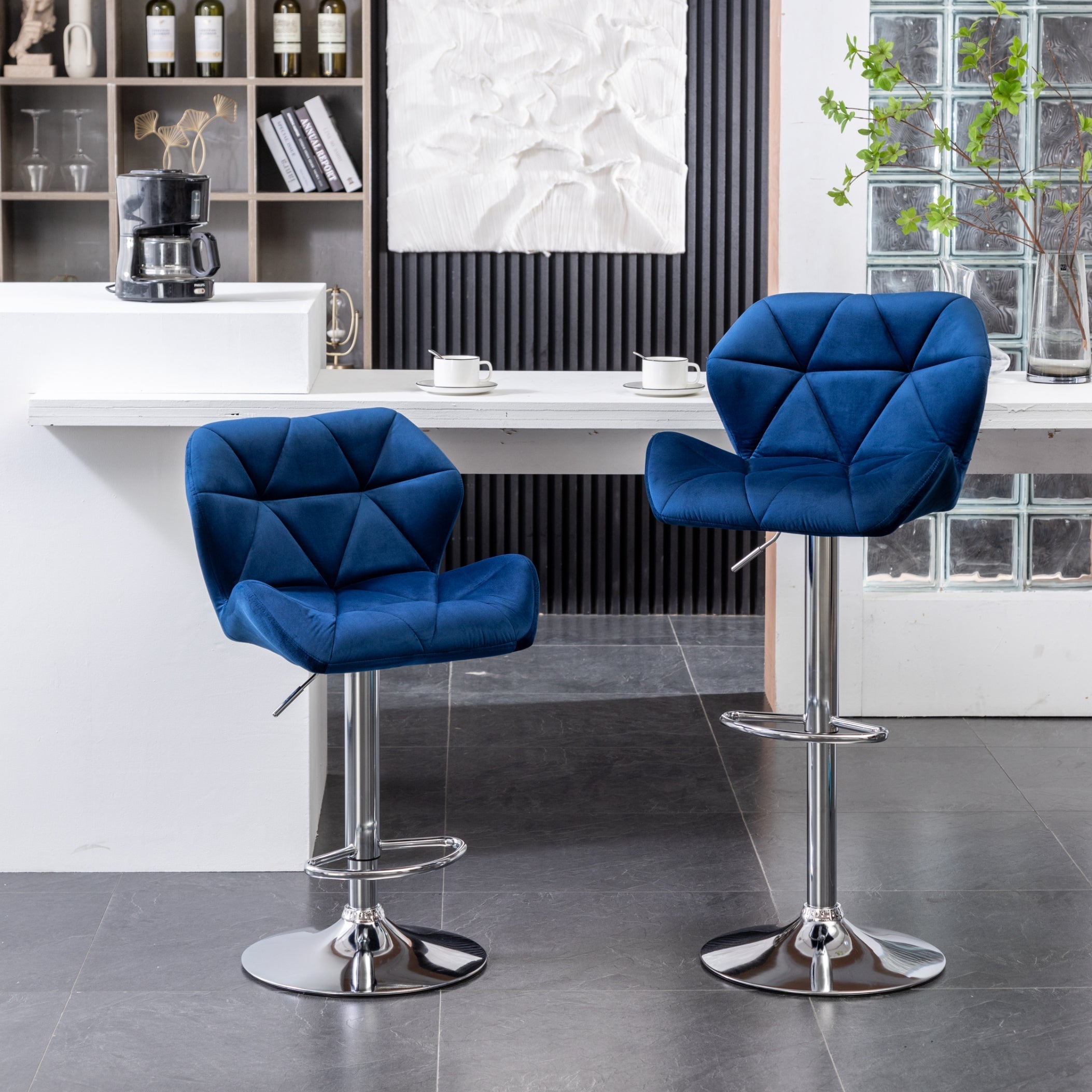 Roundhill Furniture Breni Velvet Diamond Tufted Swivel Adjustable Height Bar Stool - Set of 2, Navy Blue Velvet Upholstery - Perfect for Kitchen Islands, Home Bars & Breakfast Nooks