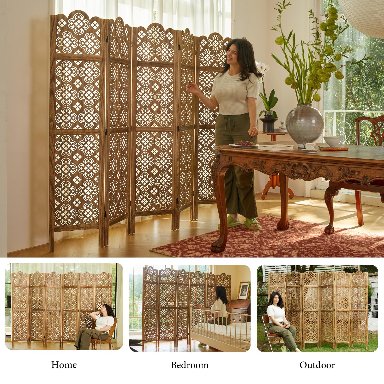 5.75Ft Wooden Room Divider - Hand Carved Folding Partition Screen for Home, Office, Garden & Terrace - 6 Panel Portable Privacy Screen (Antique Brown) | Perfect for Creating Private Spaces, Home Decor, and Room Separation