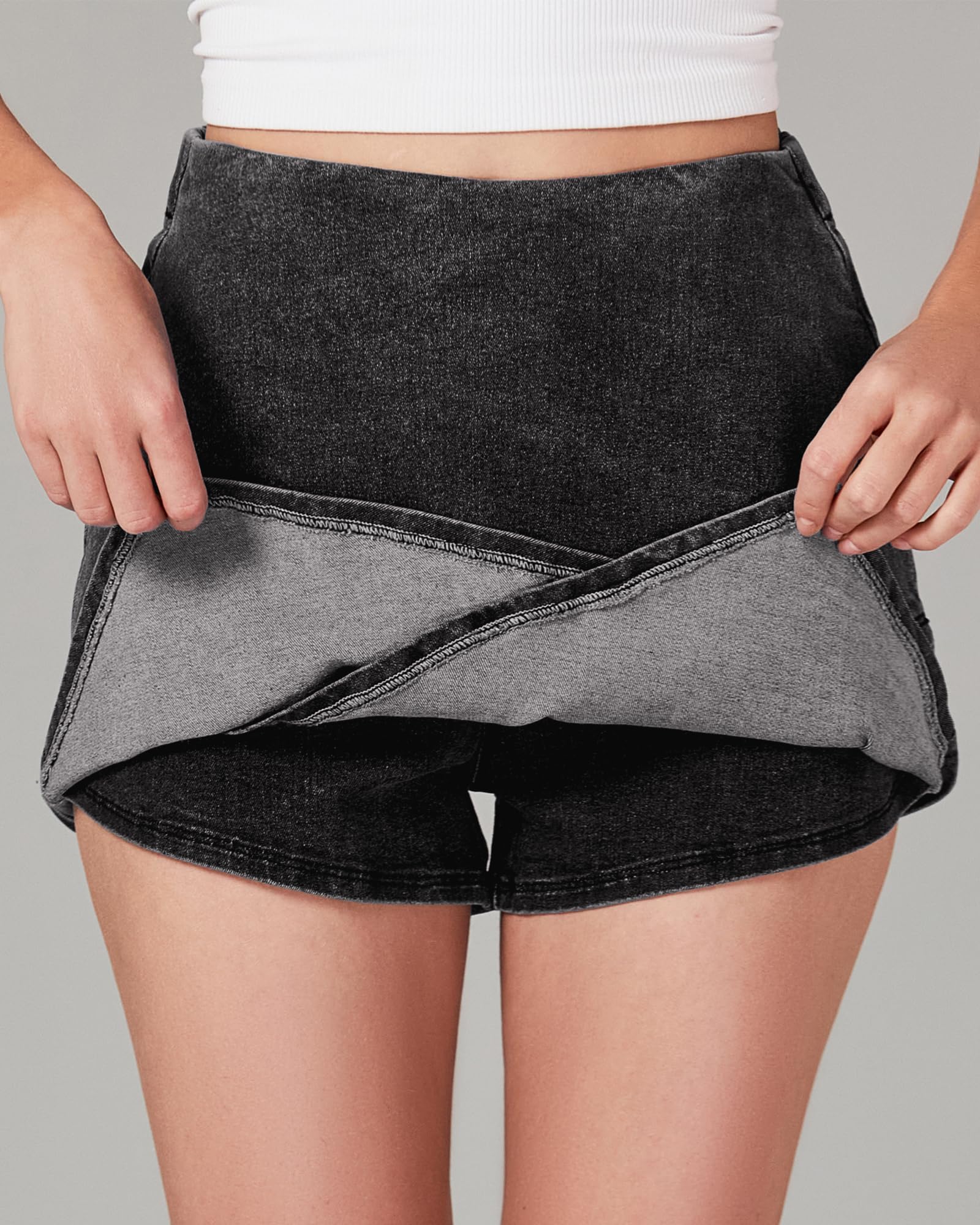 Luvamia Women's High Waisted Stretchy Denim Skorts - Pull On Wrap Skirt with Built-in Shorts, Asymmetrical Trendy Design for Casual Wear, Summer Outfits & Outdoor Activities