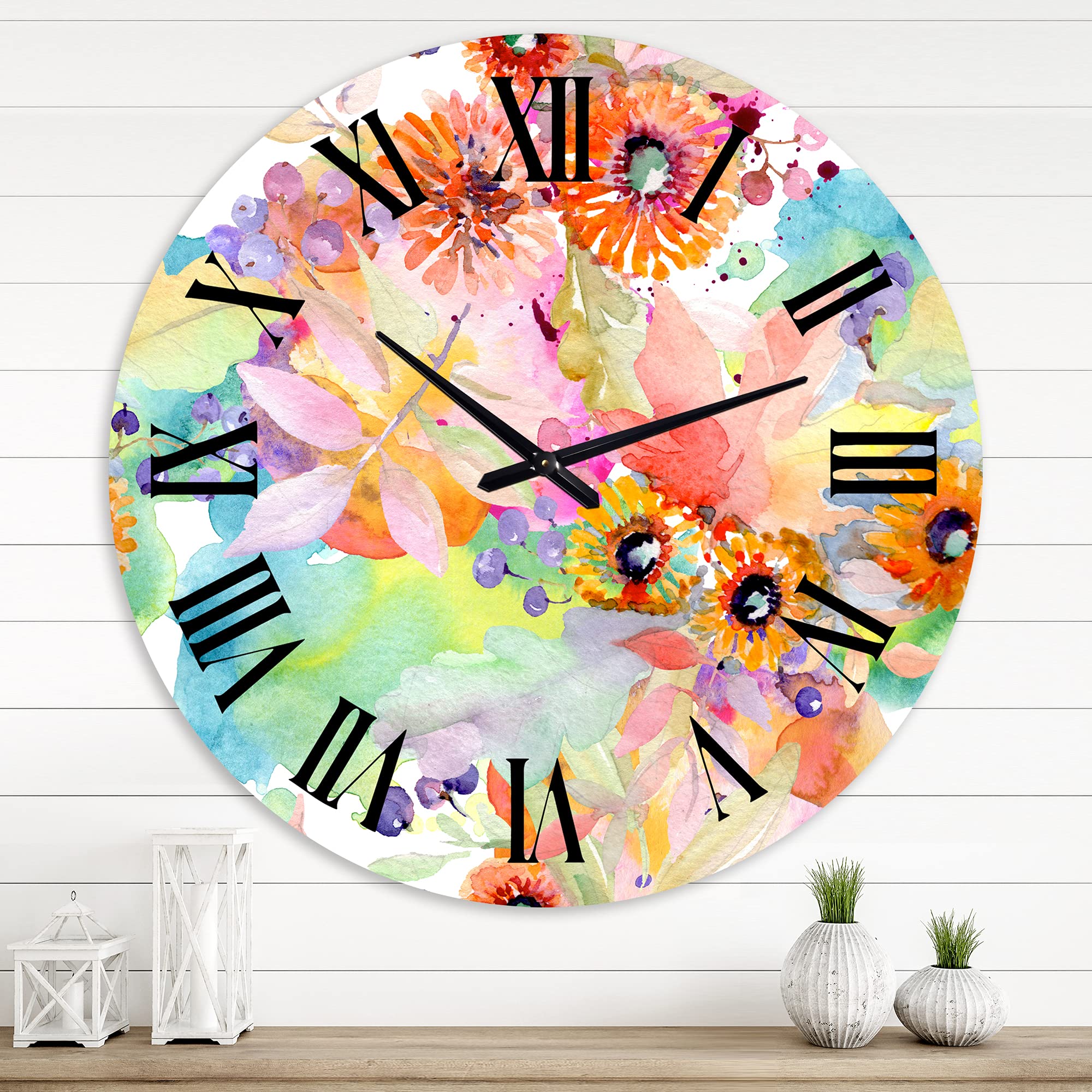 Vibrant Wild Spring Leaves & Wildflowers Wall Clock - Large Traditional Floral Botanical Decor for Bedroom, Living Room, Office | Home & Garden Décor