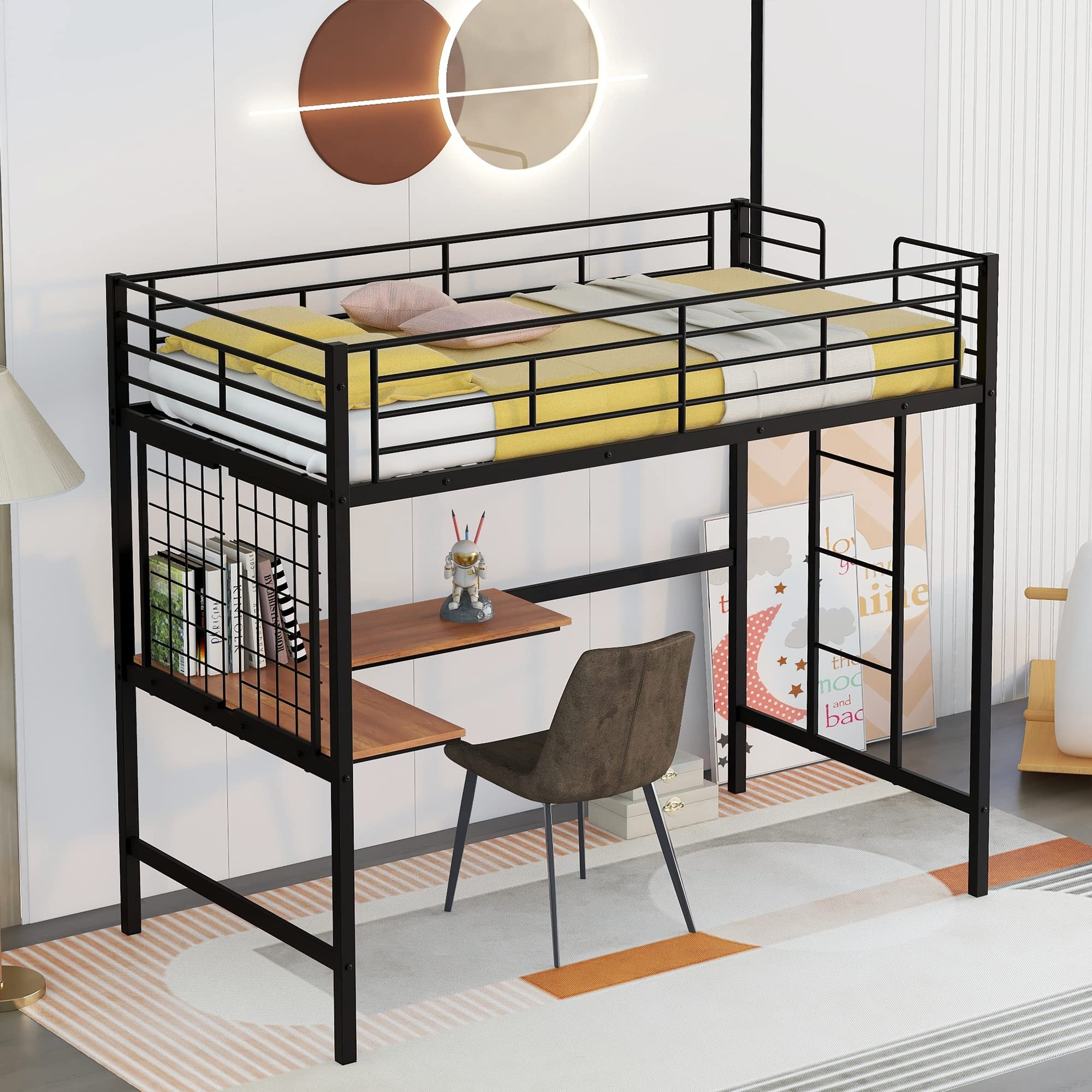 SOFTSEA Twin Size Metal Loft Bed with Study Desk - Sturdy Metal Frame with Safety Guardrails for Kids & Teens - Space-Saving Black Bedroom Furniture for Small Rooms & Dorm Living