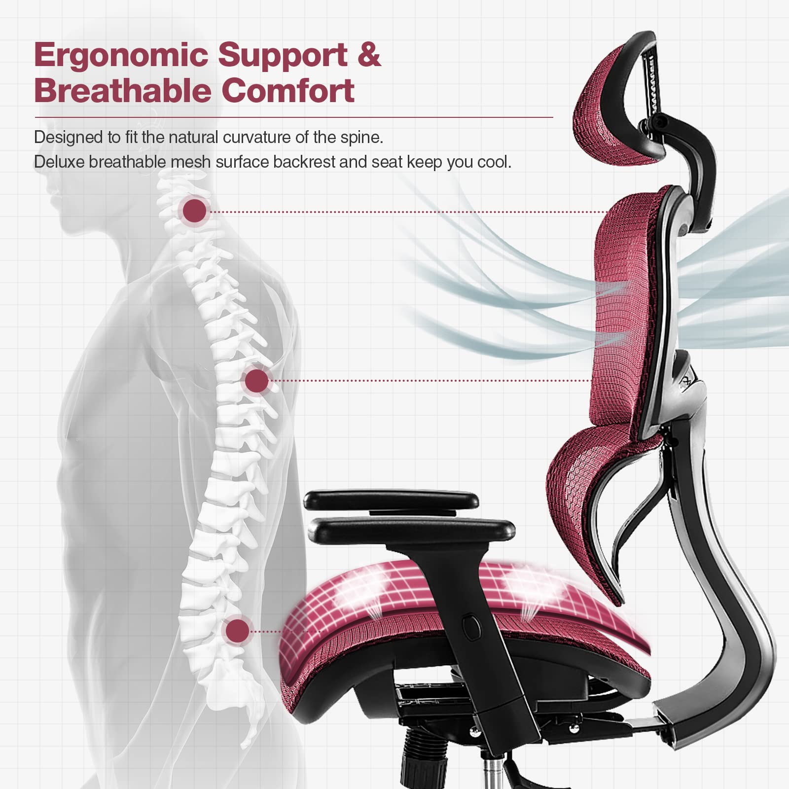 Ergonomic High Back Office Chair with Headrest & Lumbar Support - Adjustable Height Mesh Computer Chair with Swivel Base & Movable Armrests - 300 lbs Weight Capacity for Home Office, Executive Workspace & Gaming Setup