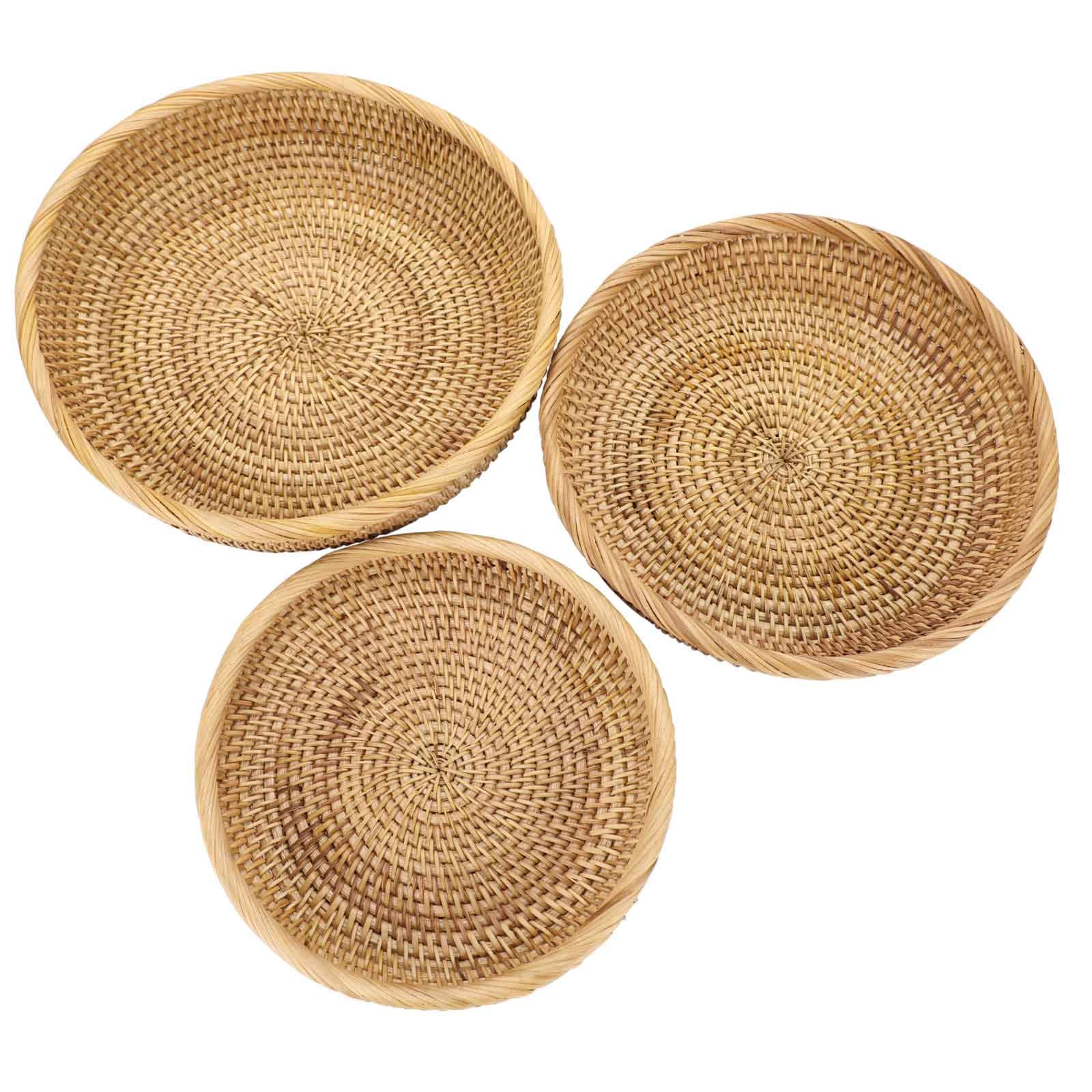 Hipiwe Set of 3 Woven Wicker Storage Baskets - Round Rattan Serving Trays for Keys, Wallet & Cell Phone | Entryway Organizer, Fruit & Snack Bowl | Home Decor for Living Room, Bedroom & Kitchen