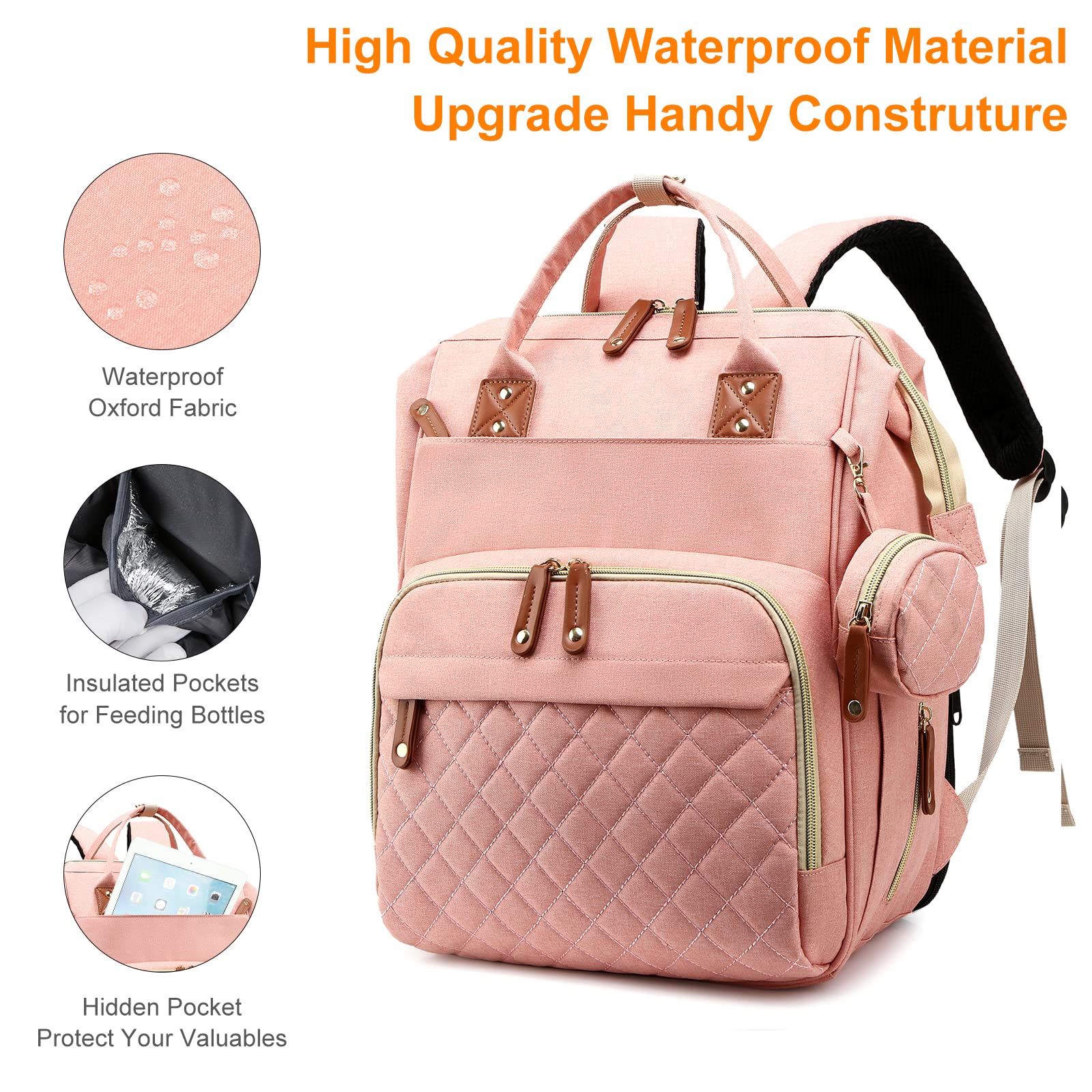 **Waterproof 3-in-1 Diaper Backpack with Foldable Changing Pad – Large Travel Diaper Bag for Baby Boys & Girls (Peach Pink) – Perfect for Daycare, Travel & On-the-Go Parents**